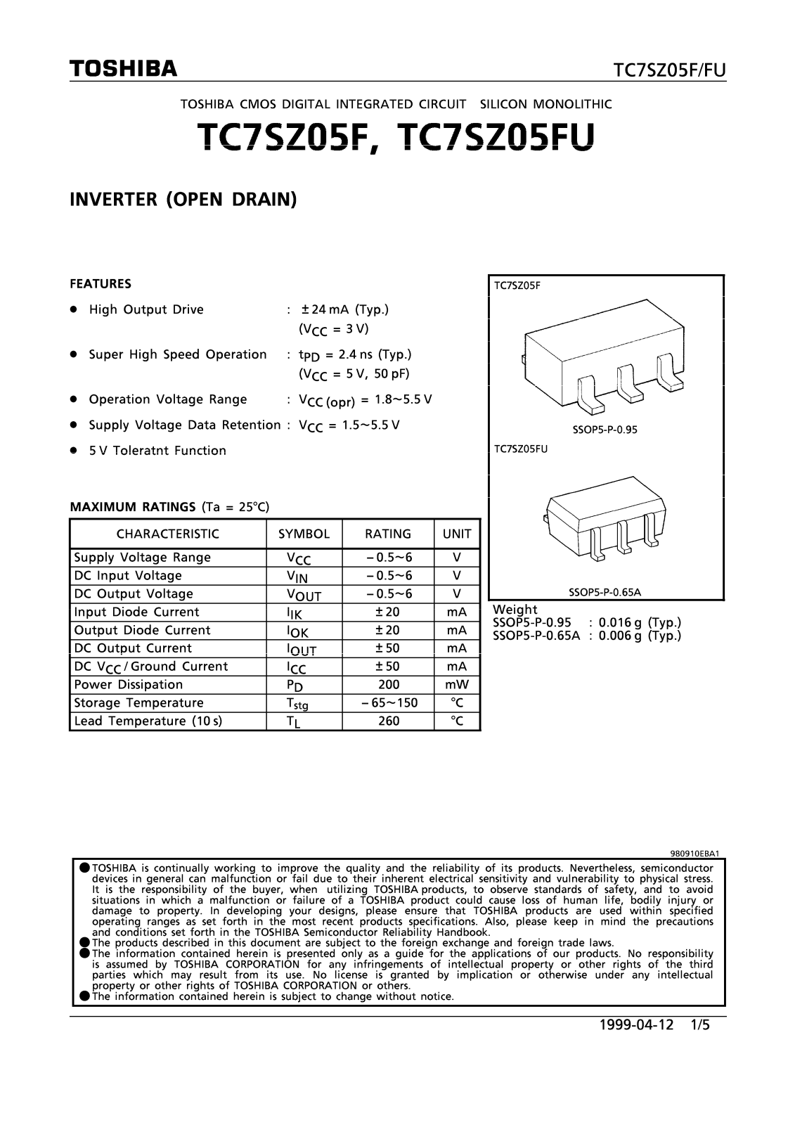 Toshiba TC7SZ05FU, TC7SZ05F Datasheet