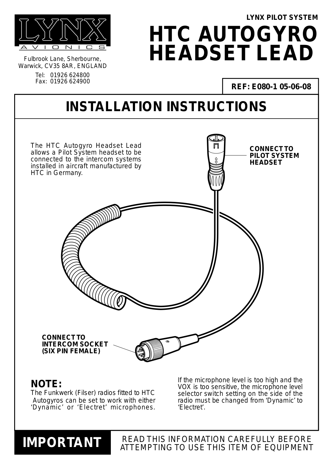 Lynx HTC AUTOGYRO HEADSET LEAD Instruction Sheet - ManualMachine.com