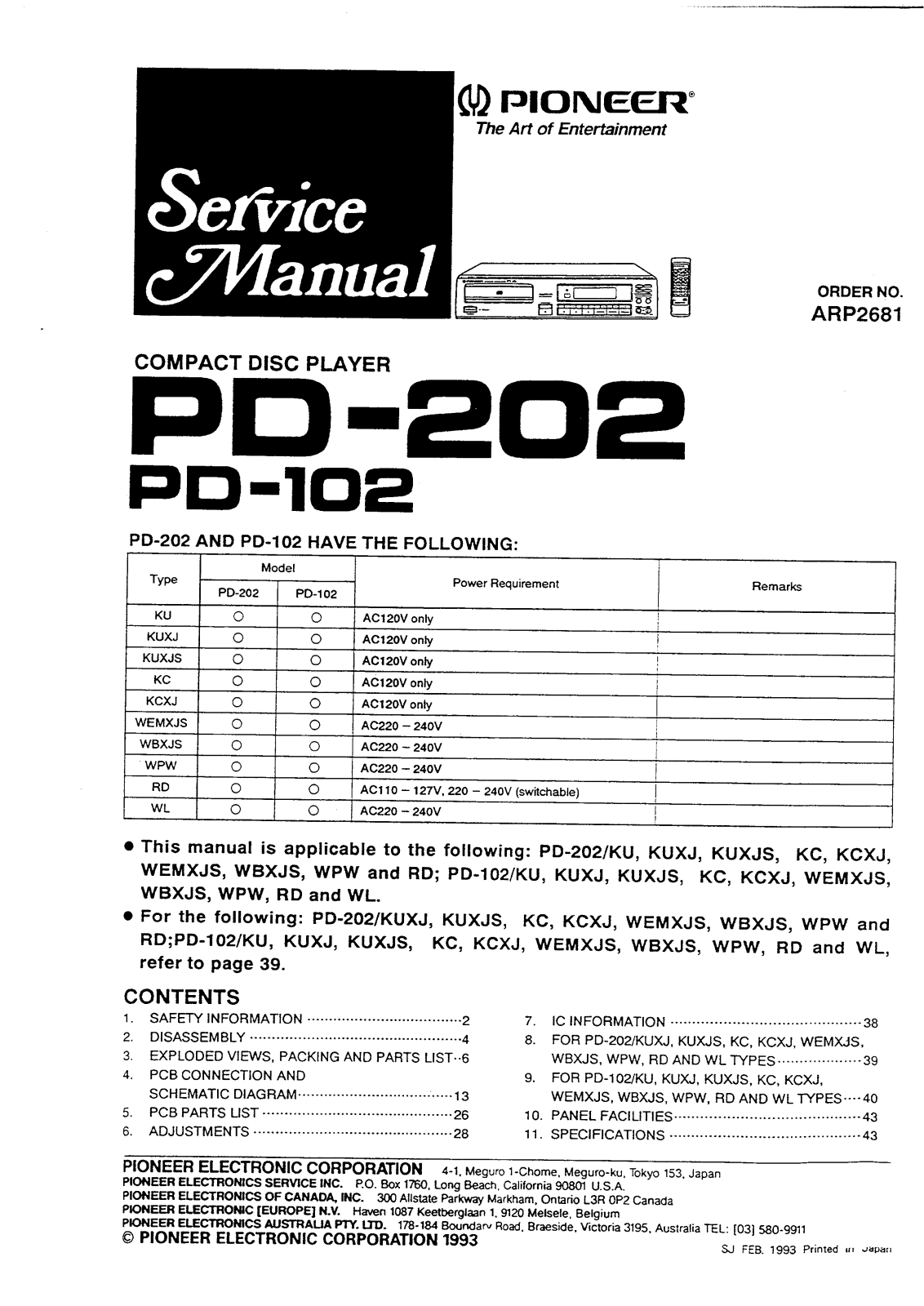 Pioneer PD-102, PD-202 Service manual