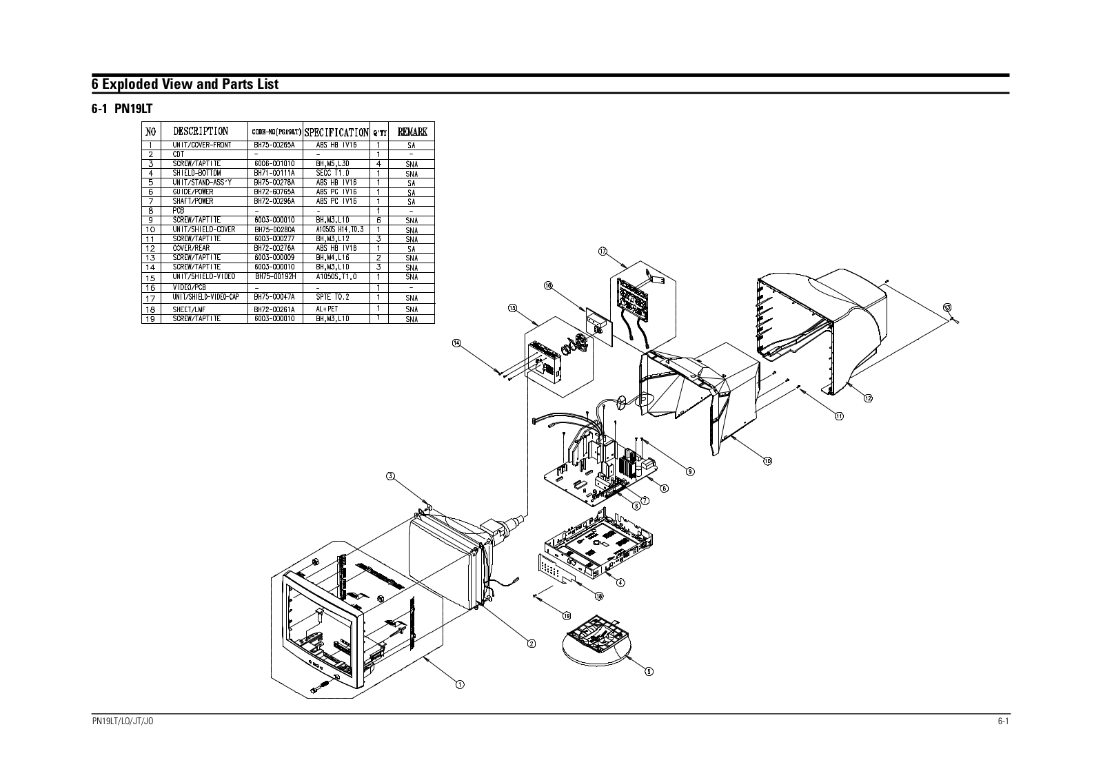 Samsung PN19LT9L, PN19JT-LT Expoioded View and Parts List