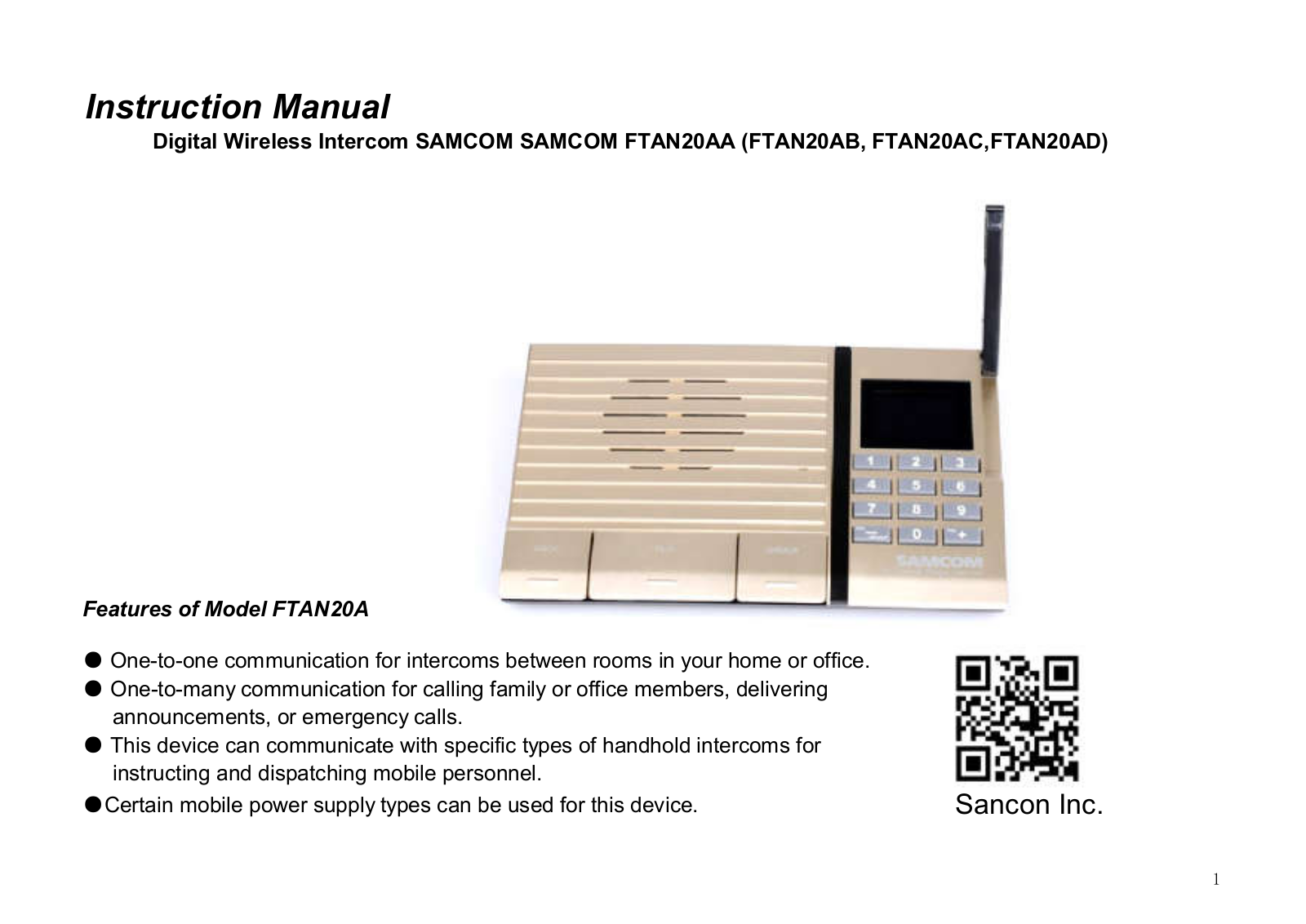 SAMCOM FTAN20AA, FTAN20AC, FTAN20AB, FTAN20AD Instruction Manual