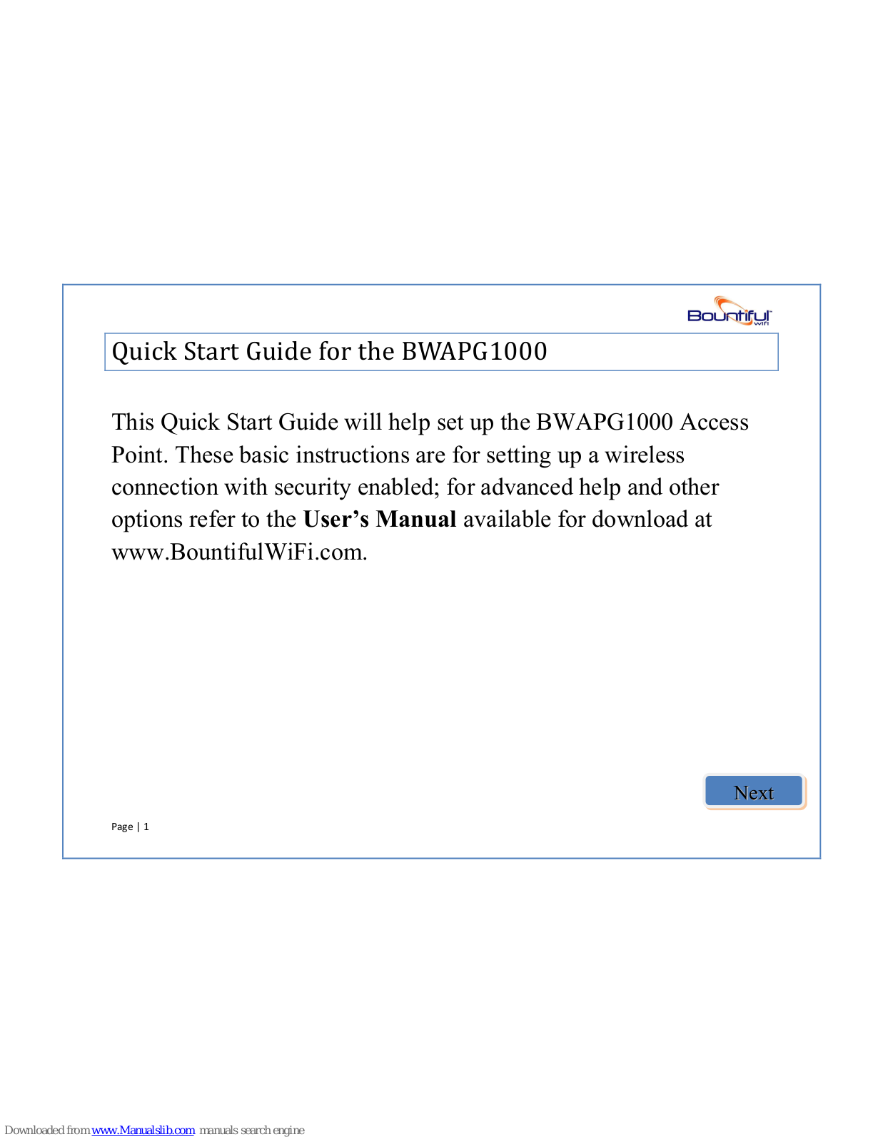 Bountiful BWAPG1000 Quick Start Manual