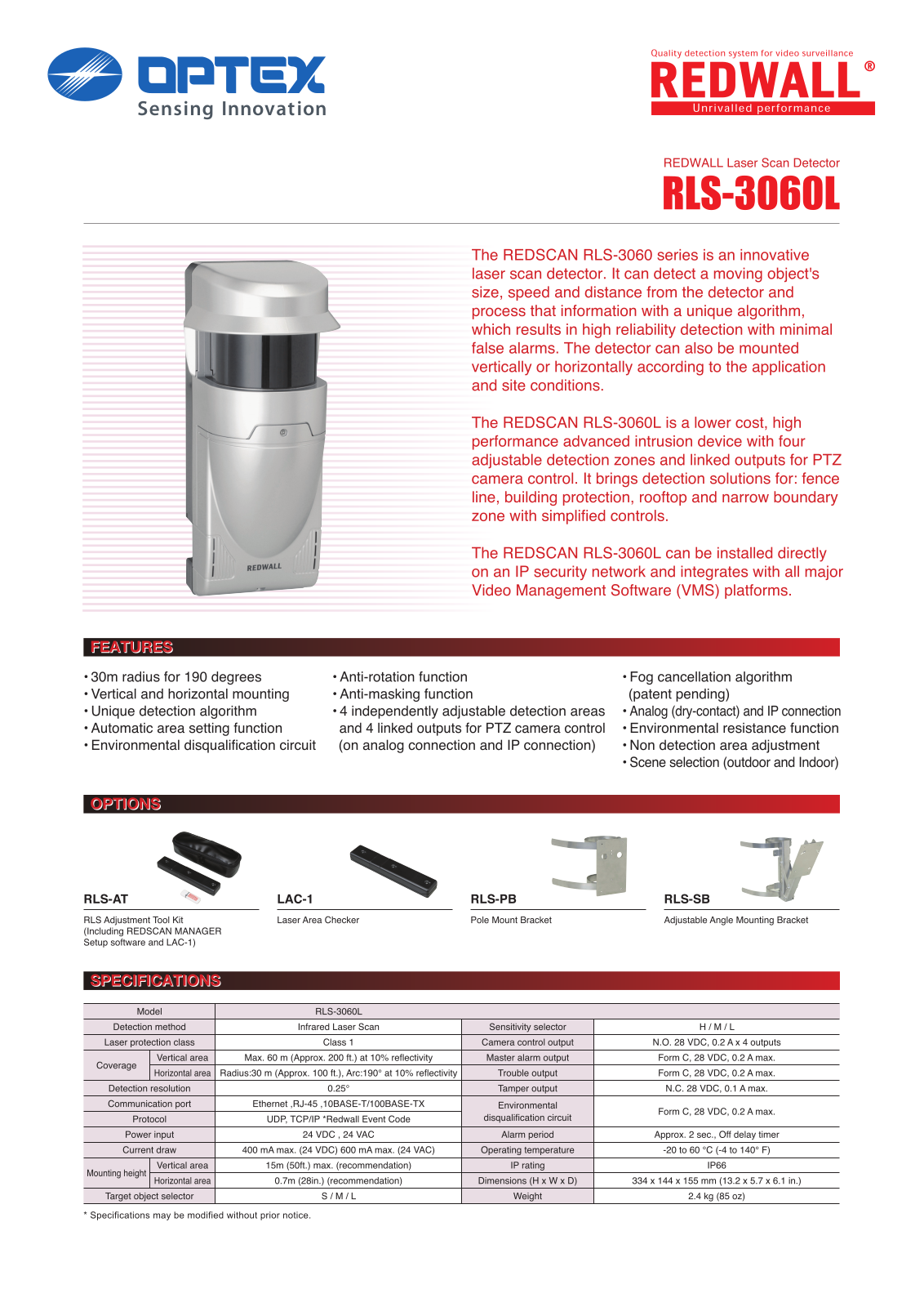 Optex RLS-3060L Specsheet