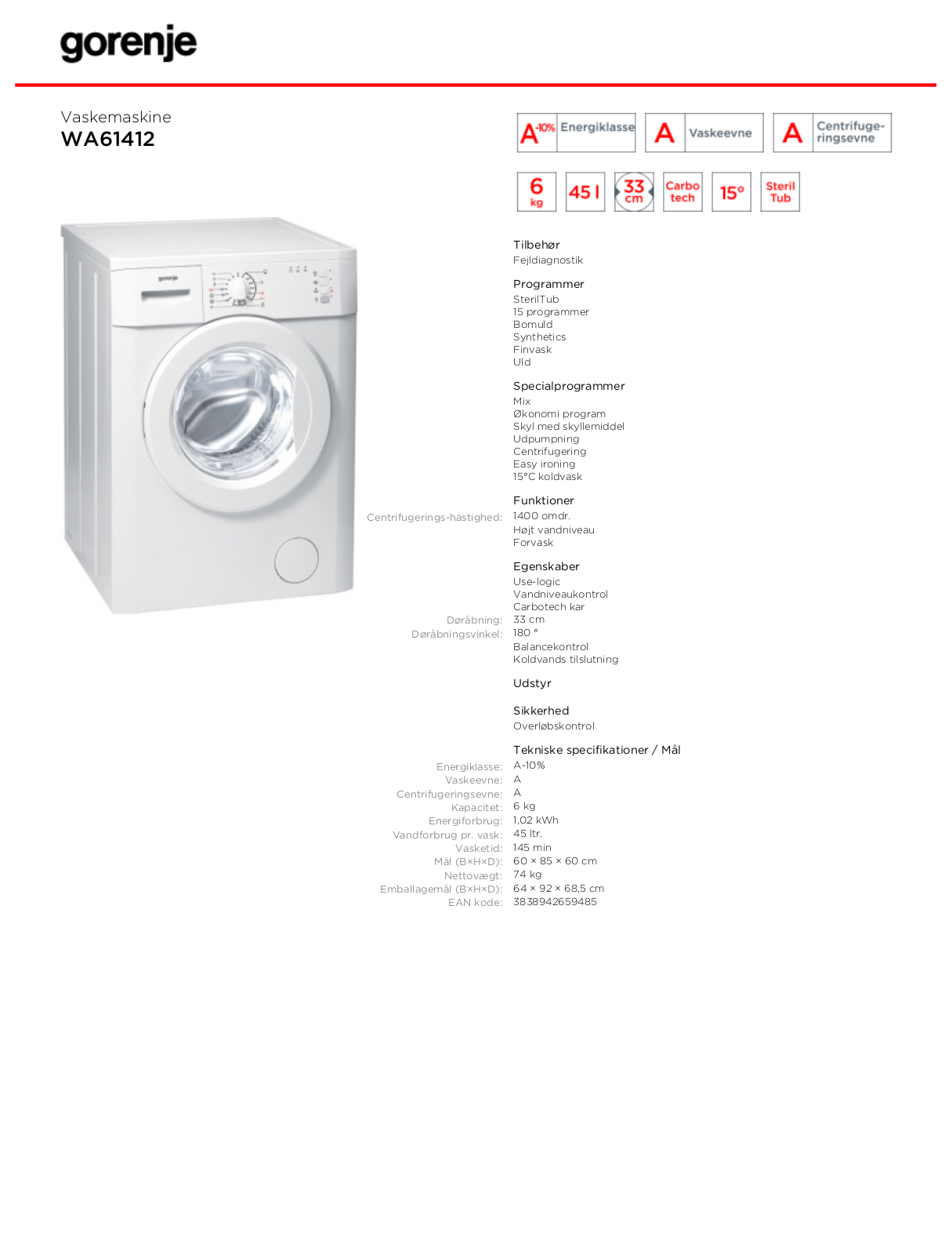 Gorenje WA 61412 DATASHEET