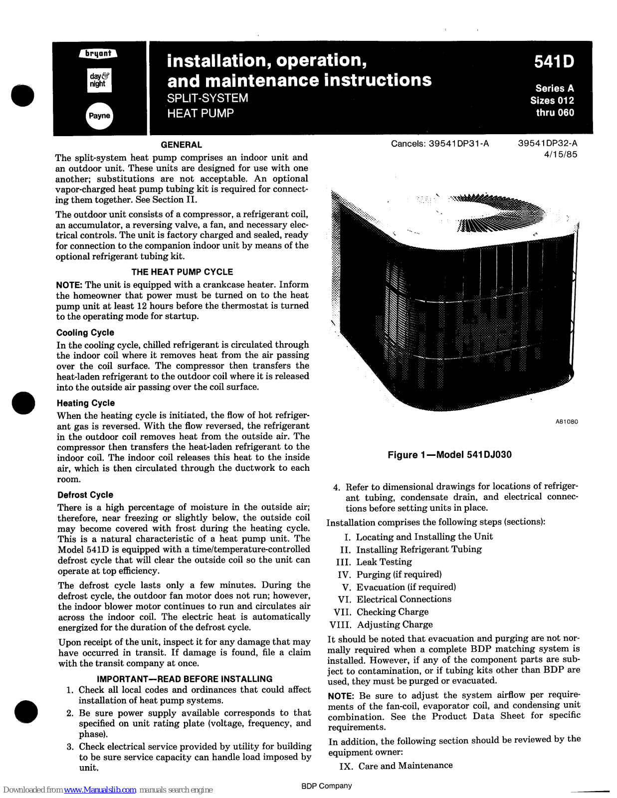 Bryant 541D Installation, Operation And Maintenance Instructions