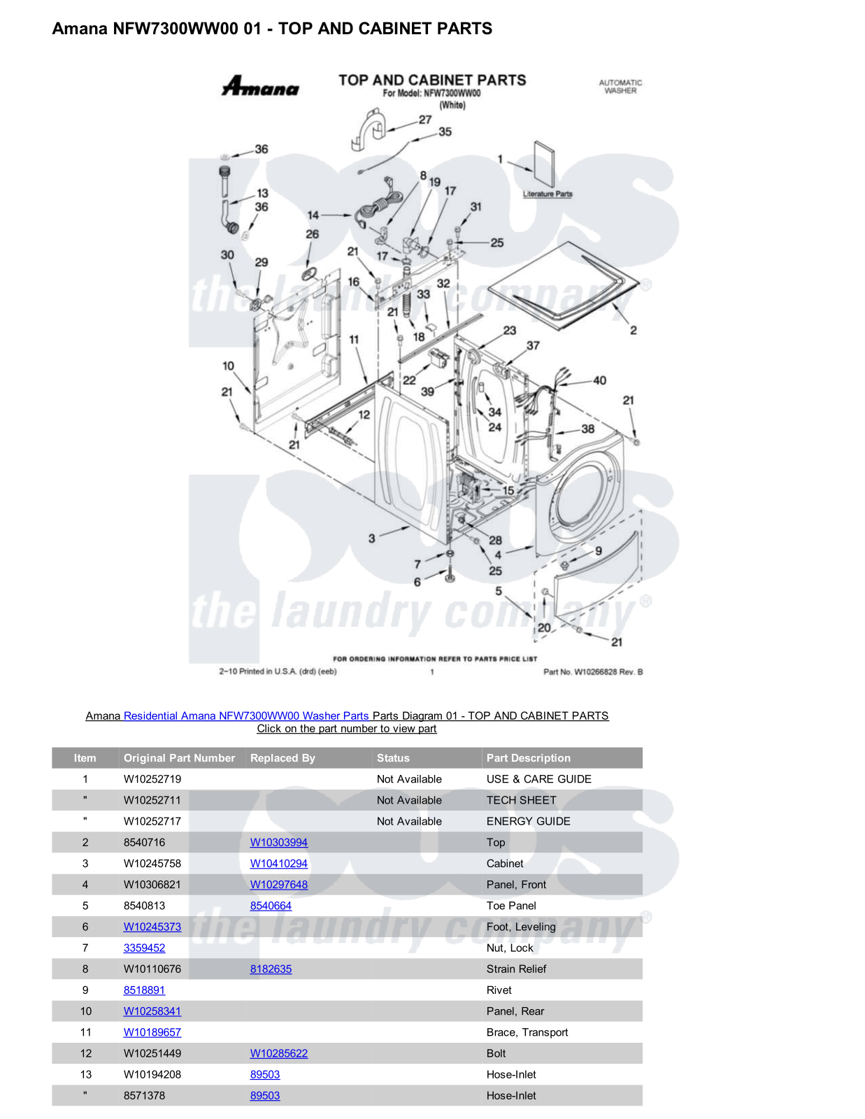 Amana NFW7300WW00 Parts Diagram