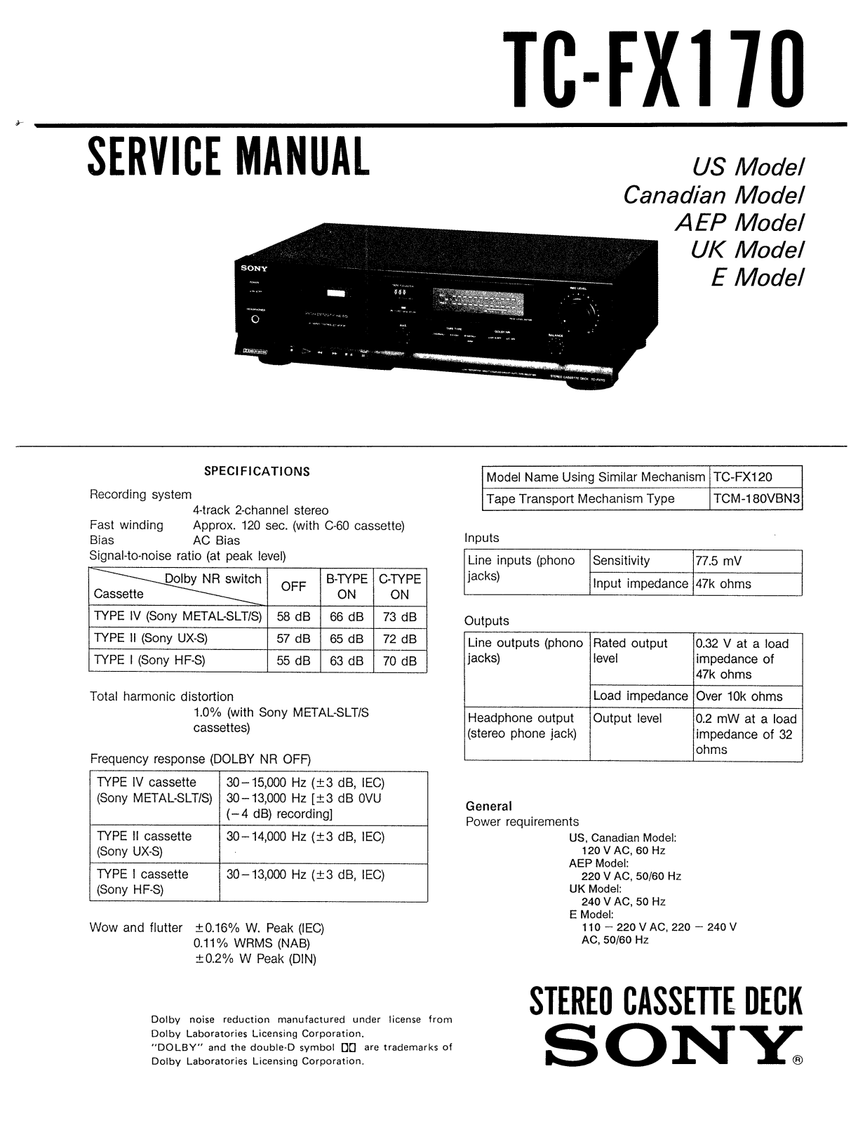 Sony TCFX-170 Service manual