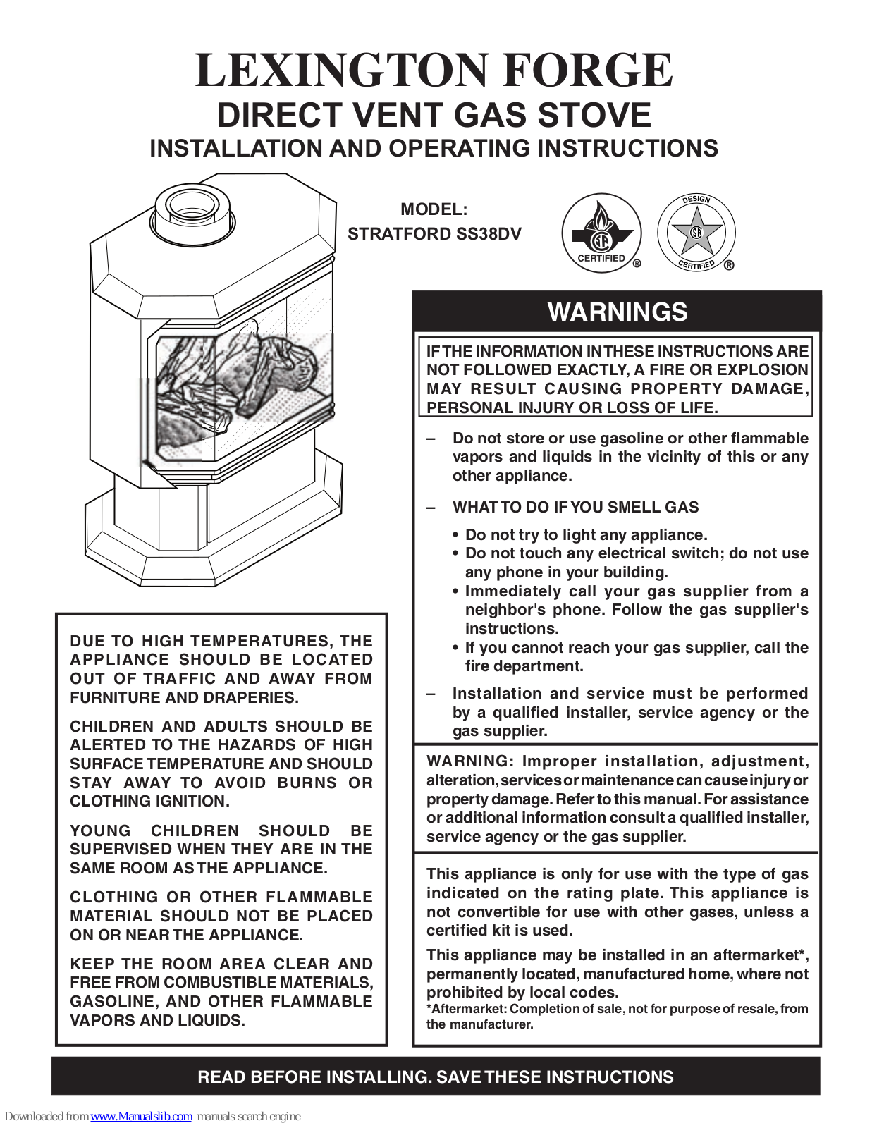 Lexington Forge STRATFORD SS38DV Installation And Operating Instructions Manual