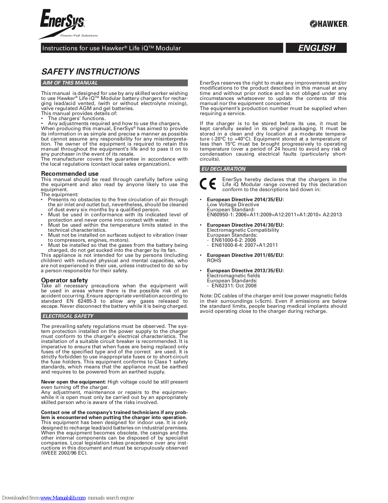 EnerSys Life iQ Instructions For Use Manual