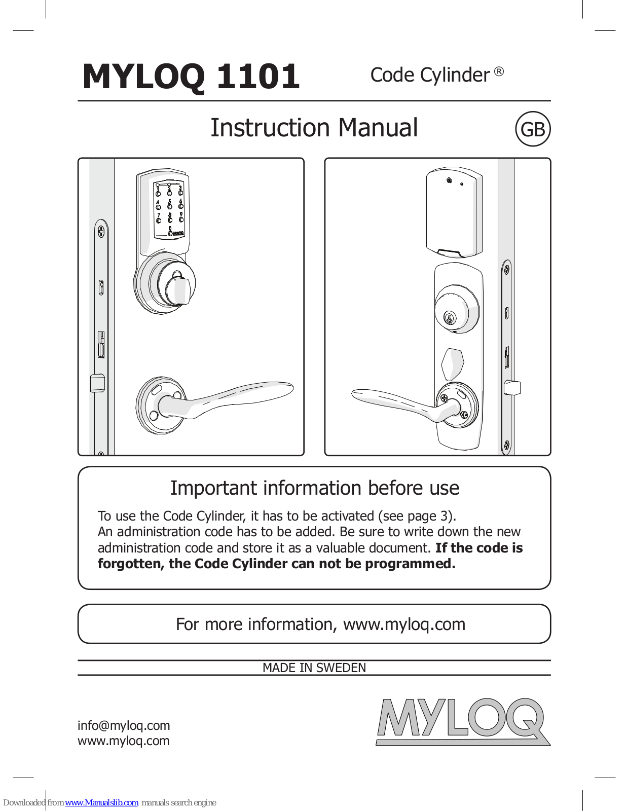 MYLOQ Code Cylinder 1101 Instruction Manual