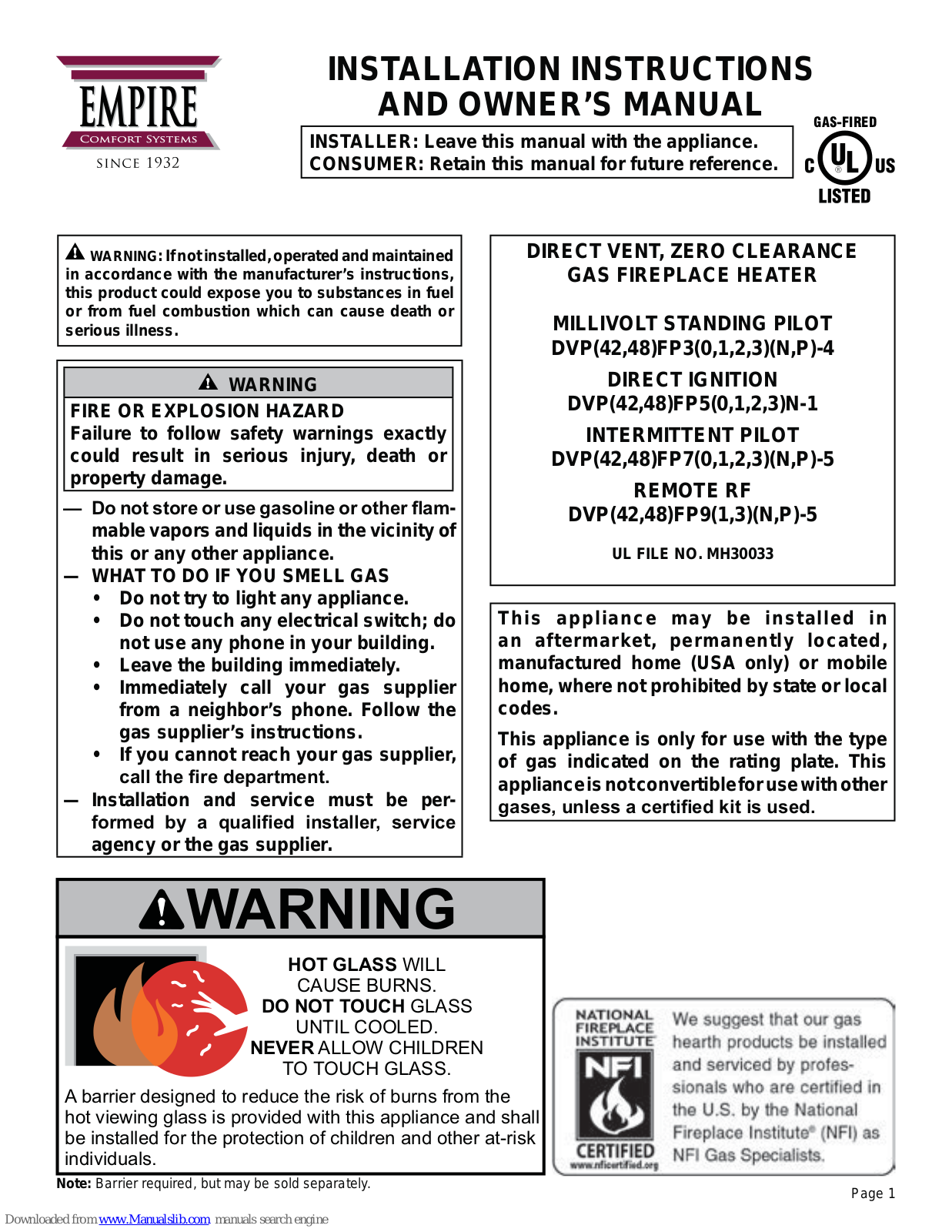 Empire Comfort Systems DVP48FP32P-4, DVP42FP51N-1, DVP48FP52P-1, DVP48FP53P-1, DVP42FP70N-5 Installation Instructions And Owner's Manual