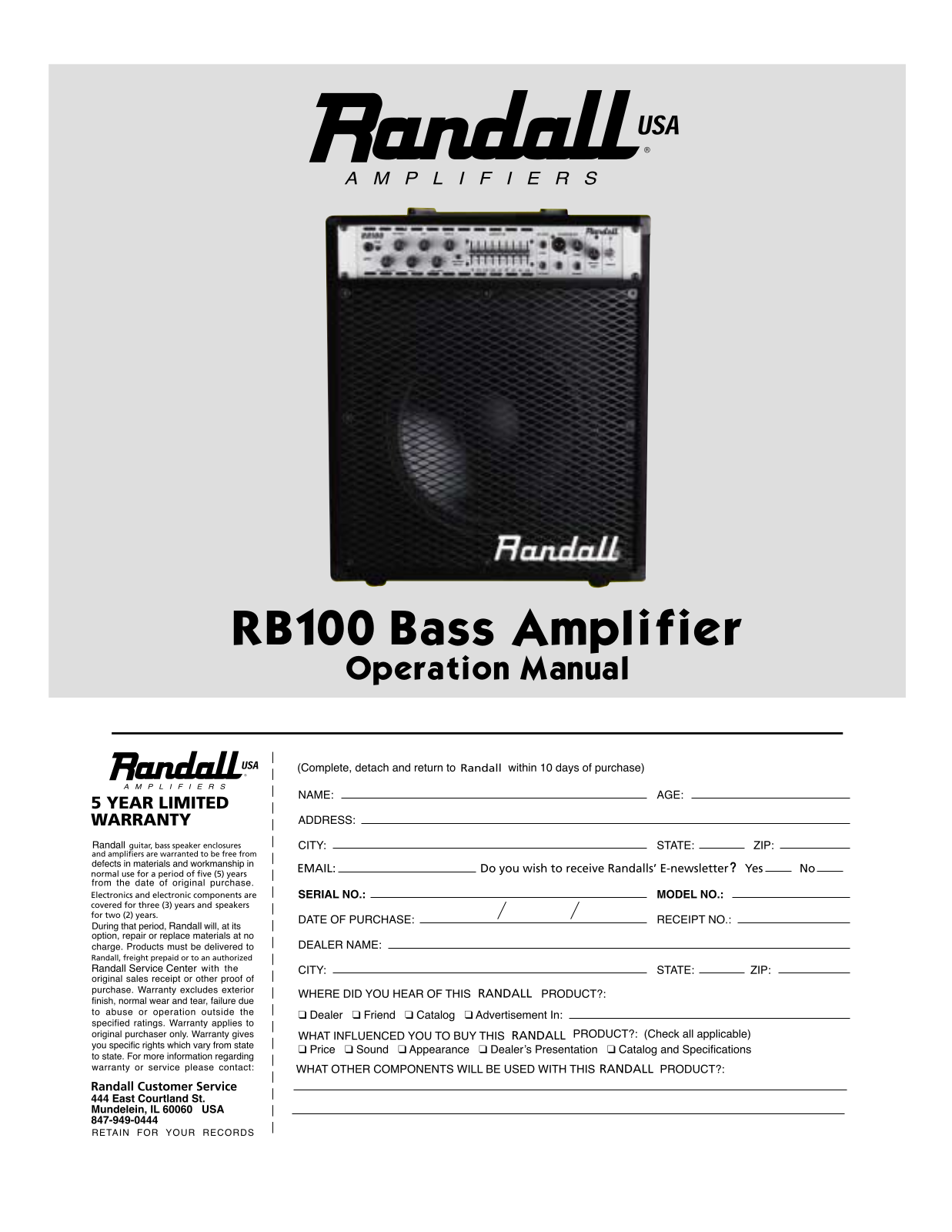 Randall RB100 Owner's Manual