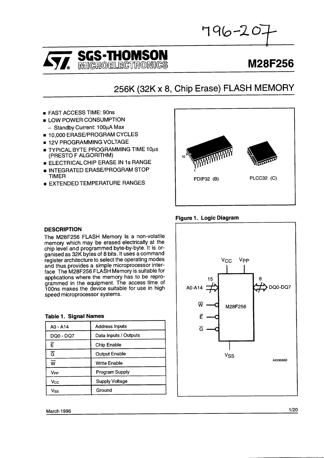 SGS Thomson Microelectronics M28F256-12C1, M28F256-12B1 Datasheet