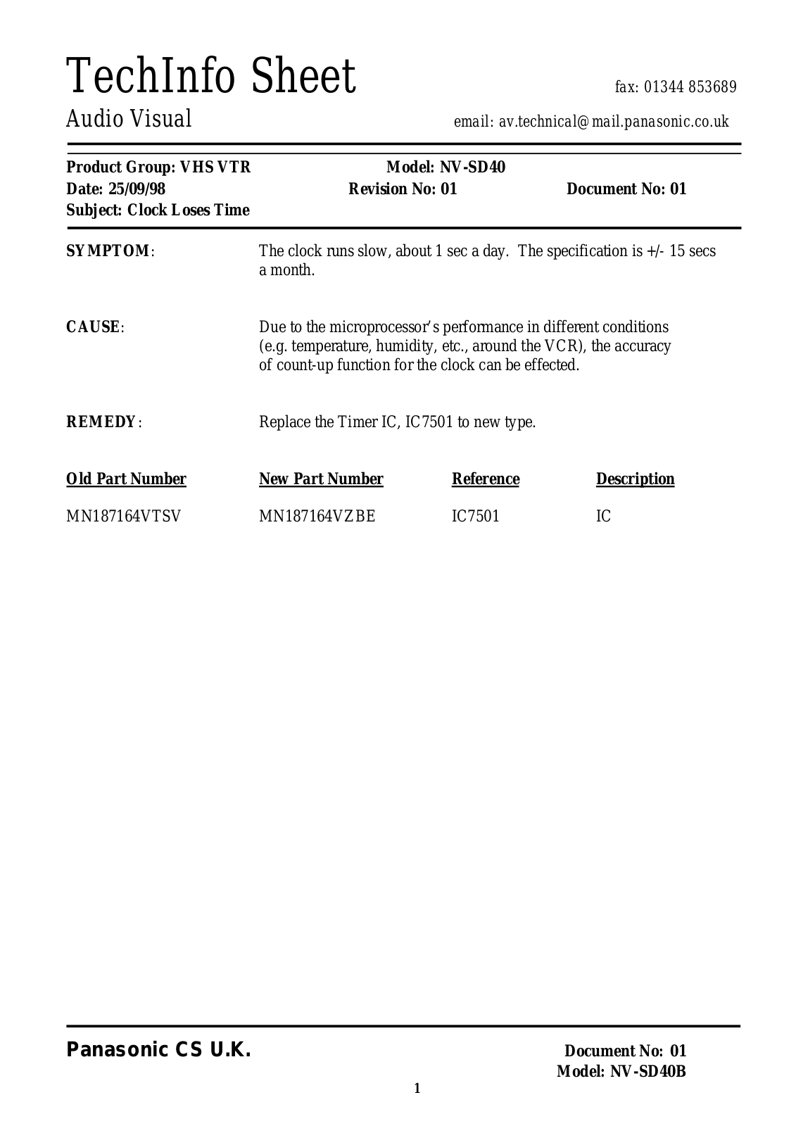 Panasonic NV-SD40 Service Manual