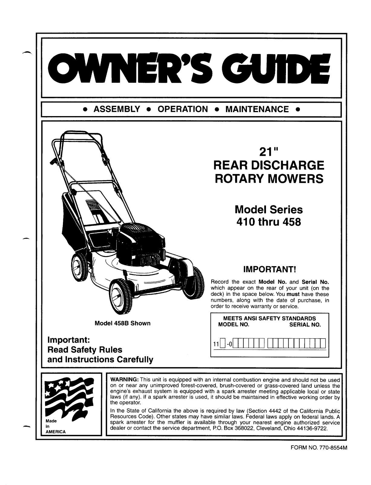 Mtd 410 THRU 458 owners Manual