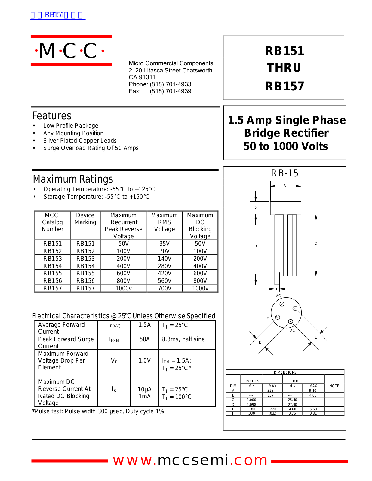 Micro Commercial Components RB151, RB157 Technical data