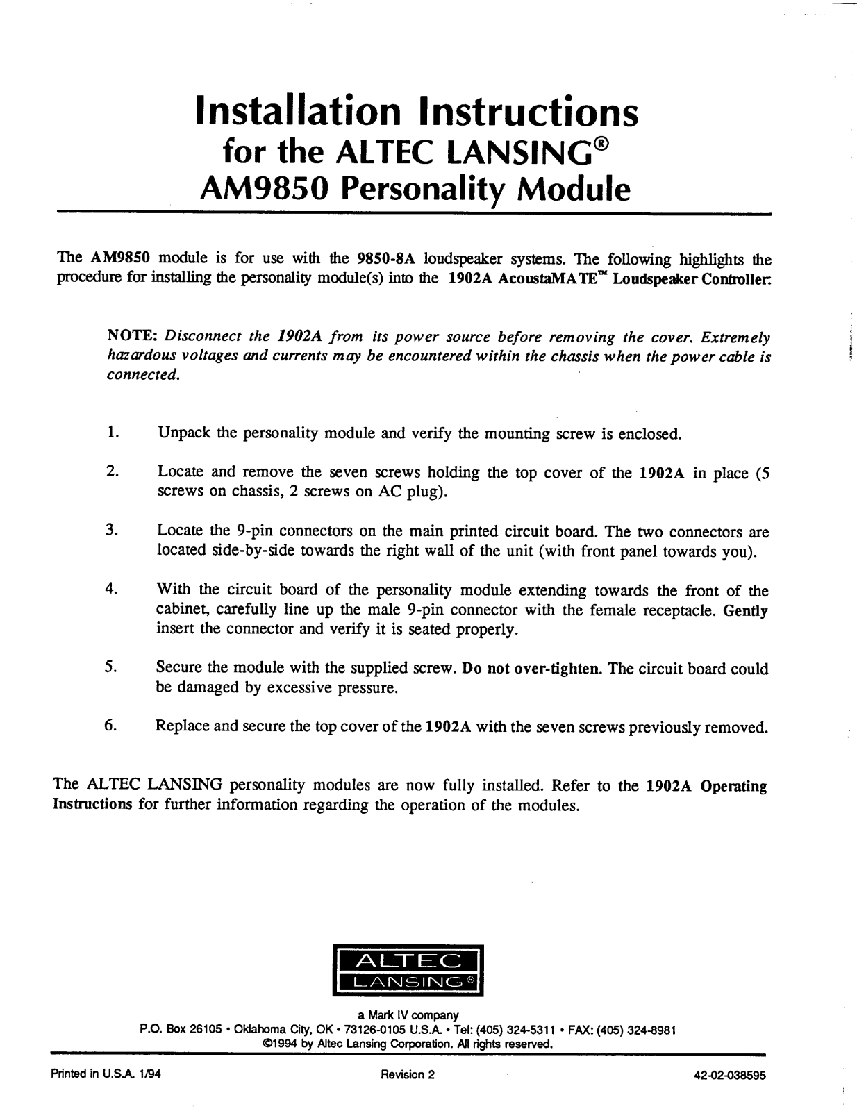 Altec lansing AM9850 User Manual