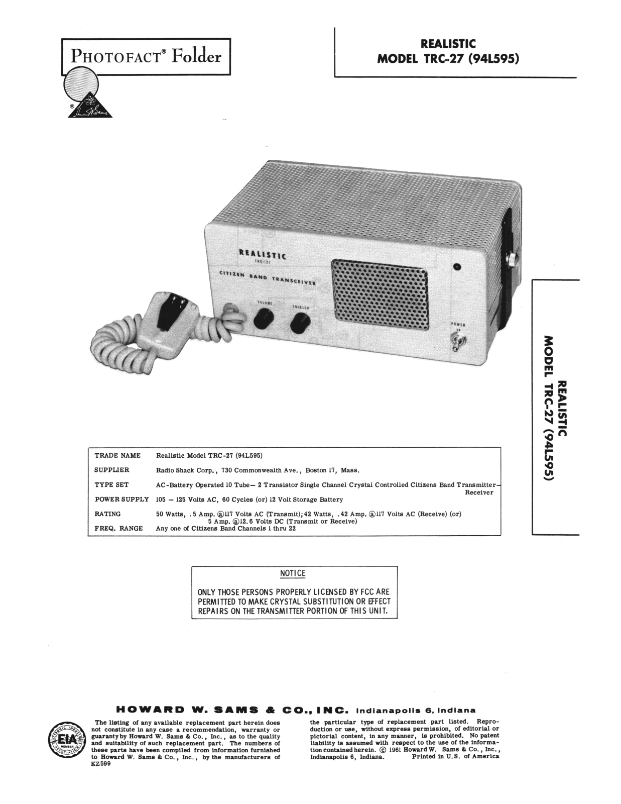 Realistic   RadioShack TRC-27 Service Manual