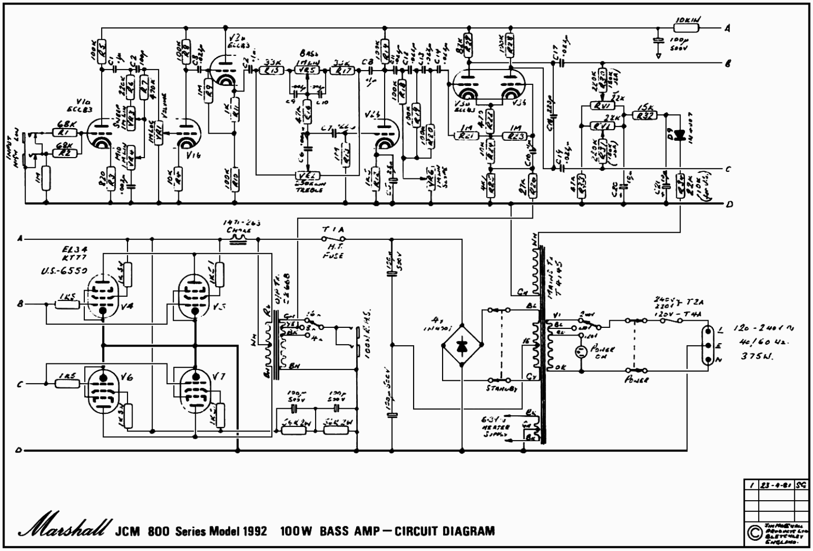 Marshall 1992-JCM-800-100W-Bass-Amp Schematic