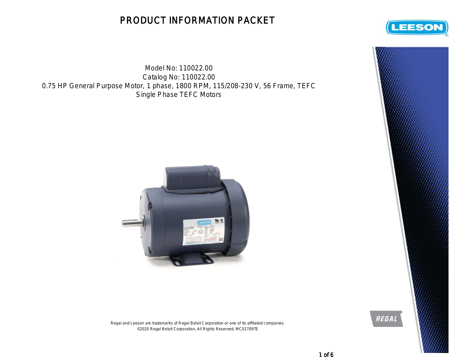 Leeson 110022.00 PRODUCT INFORMATION PACKET