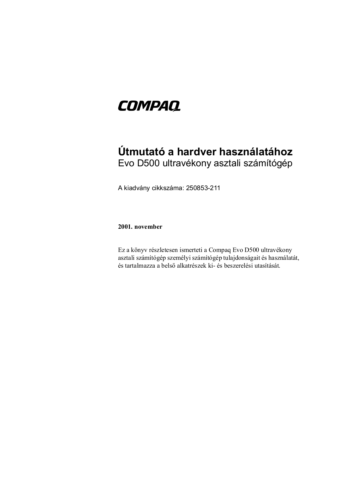 Hp COMPAQ EVO D500 ULTRA-SLIM DESKTOP User Manual