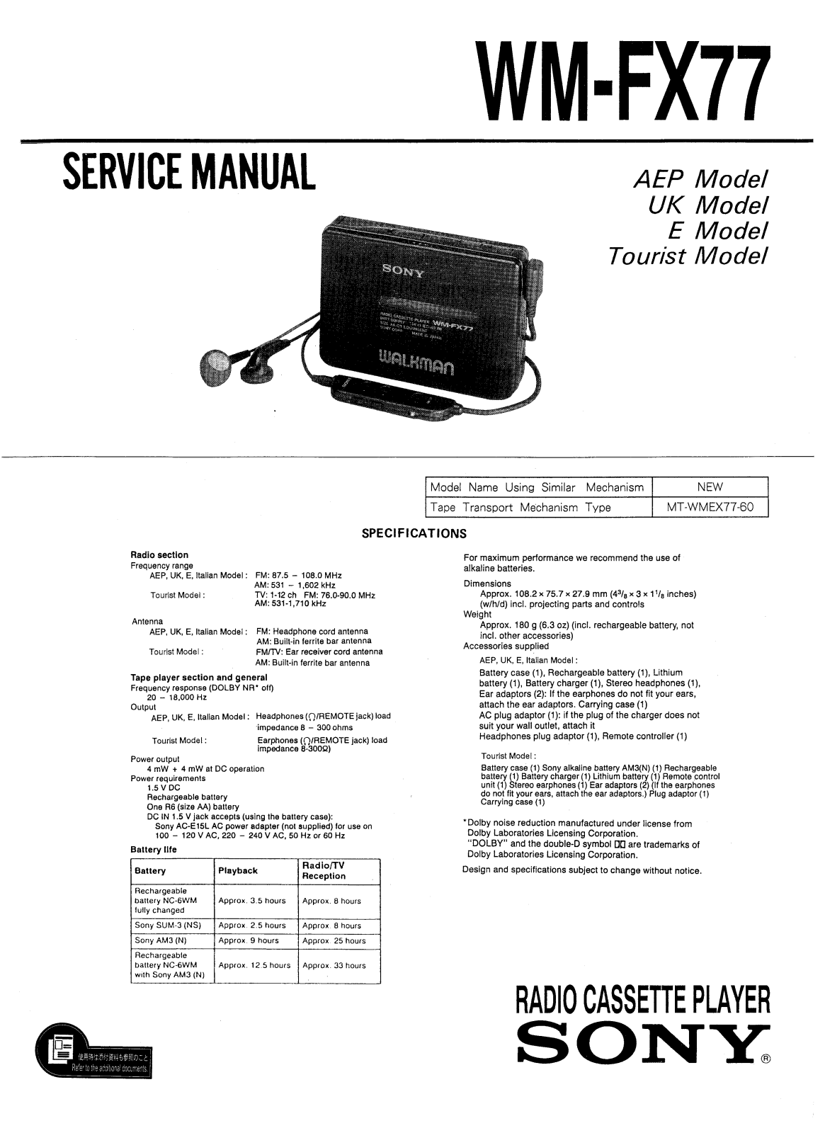 Sony WMFX-77 Service manual