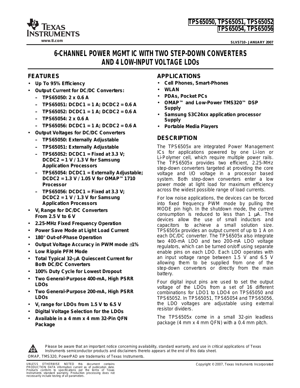 Texas Instruments TPS65050, TPS65050RSMTG4 Datasheet