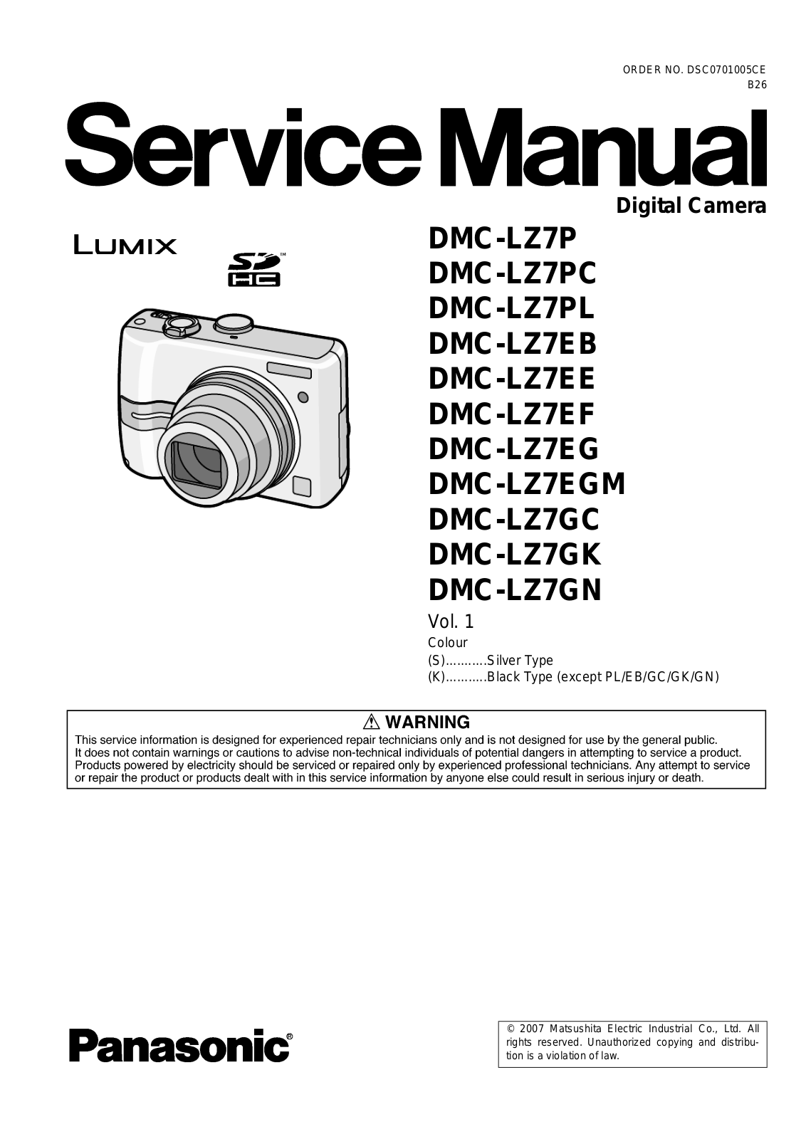 panasonic DMC-LZ7P, DMC-LZ7PC, DMC-LZ7PL, DMC-LZ7EB, DMC-LZ7EE Service Manual