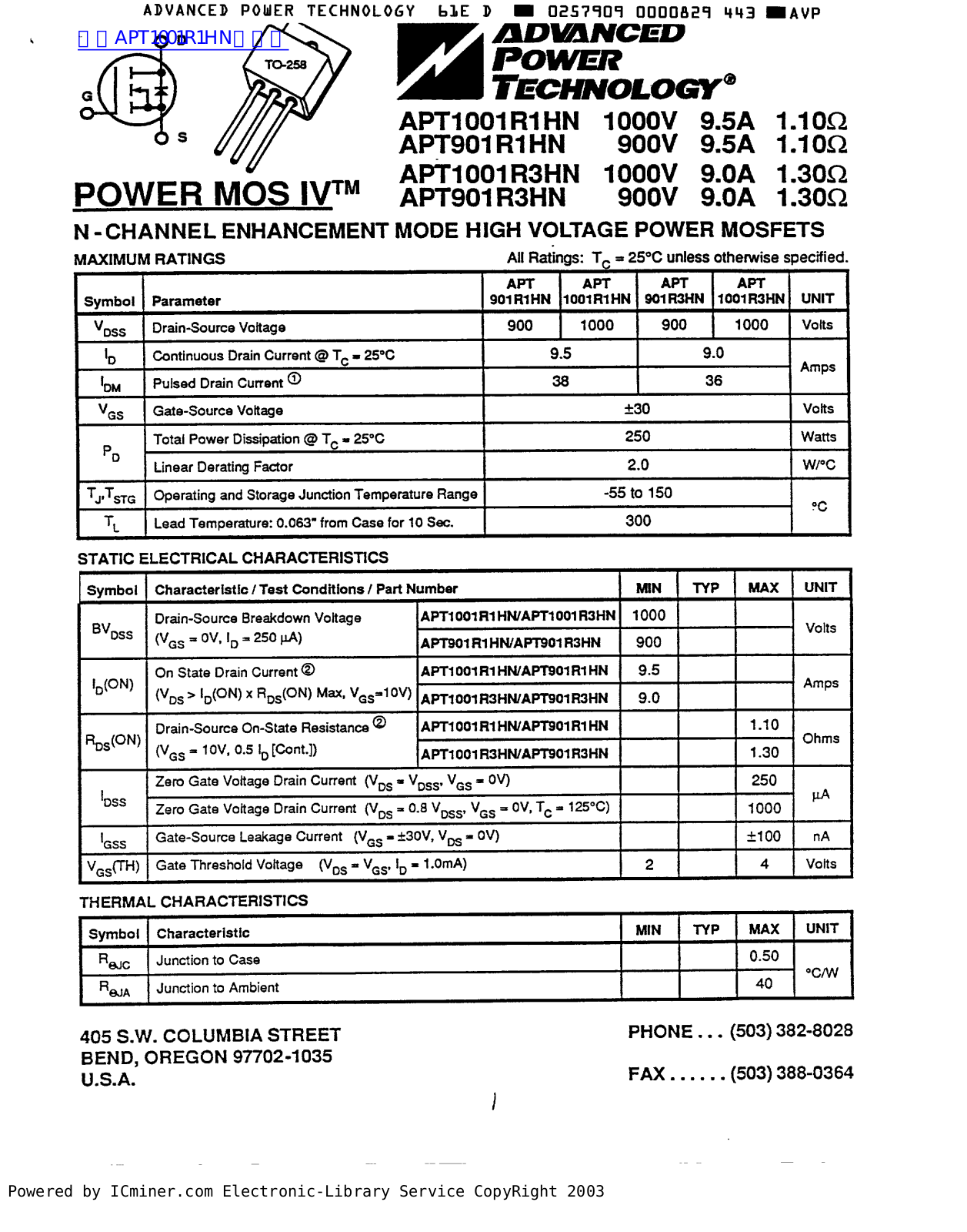 ADVANCED POWER TECHNOLOGY APT1001R1HN, APT901R1HN, APT1001R3HN, APT901R3HN Service Manual