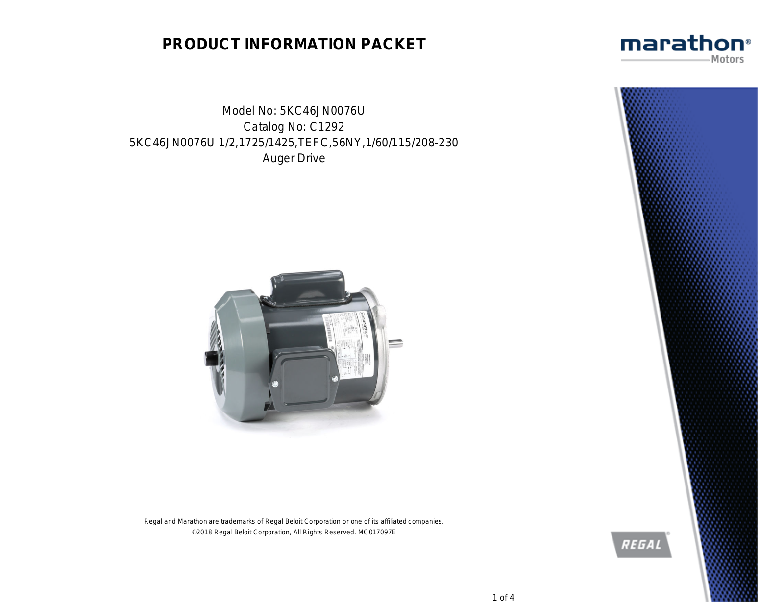 Marathon Electric 5KC46JN0076U Product Information Packet