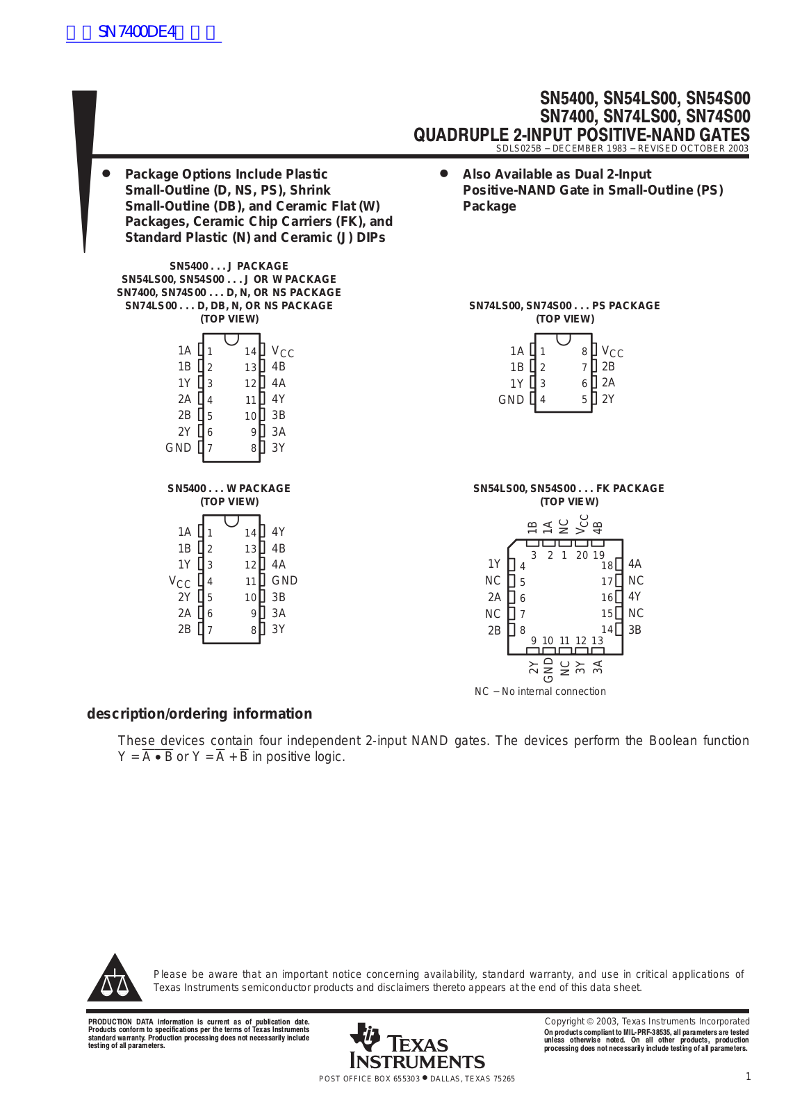 TEXAS INSTRUMENTS SN54LS00, SN54S00 Technical data