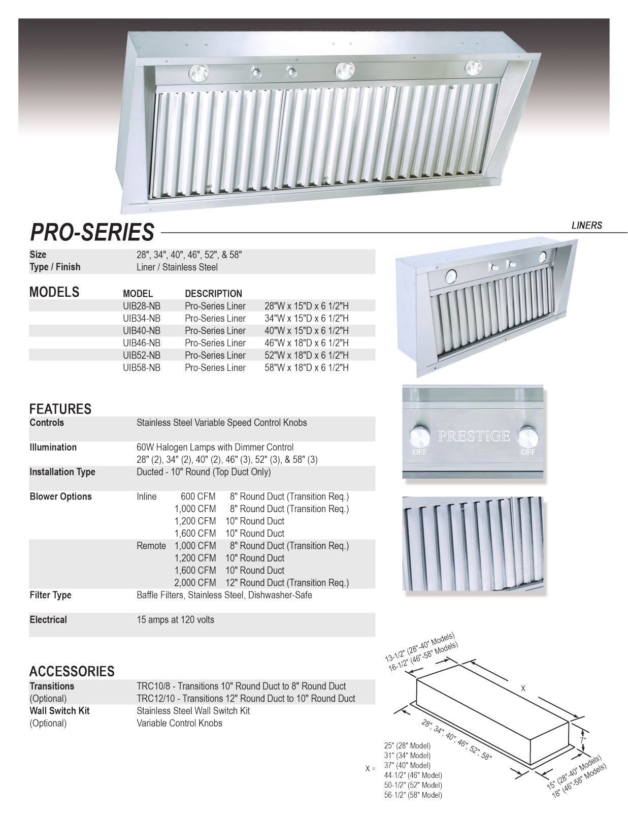 Prestige UIB58NB Specifications