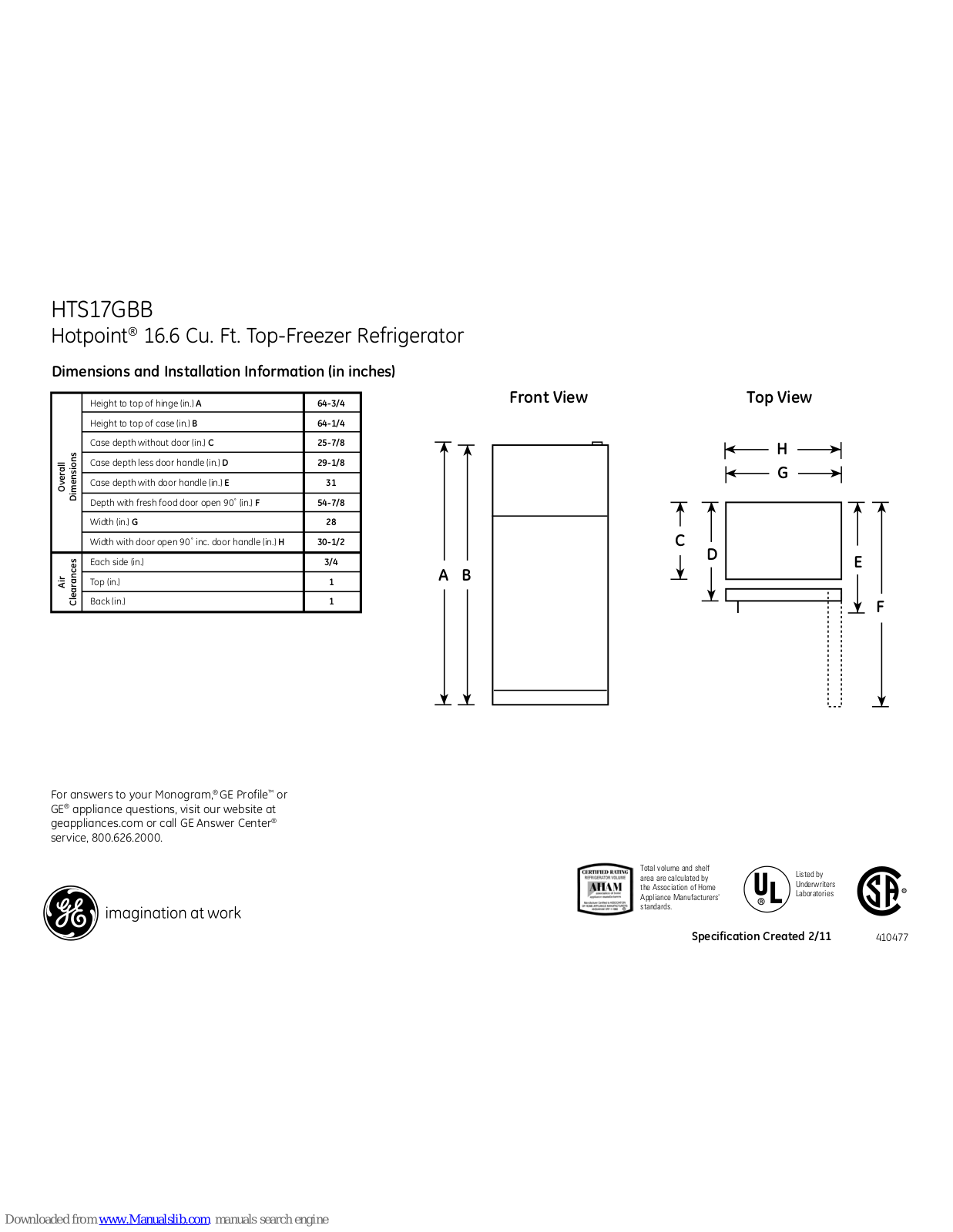 Hotpoint HTS17GBBWW, HTS17GBB Dimensions And Installation Information