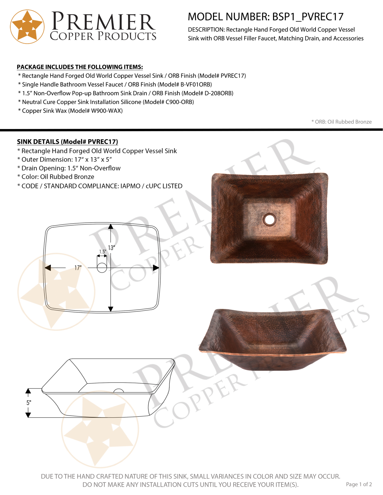 Premier Copper Products IER1446 Specifications - ManualMachine.com