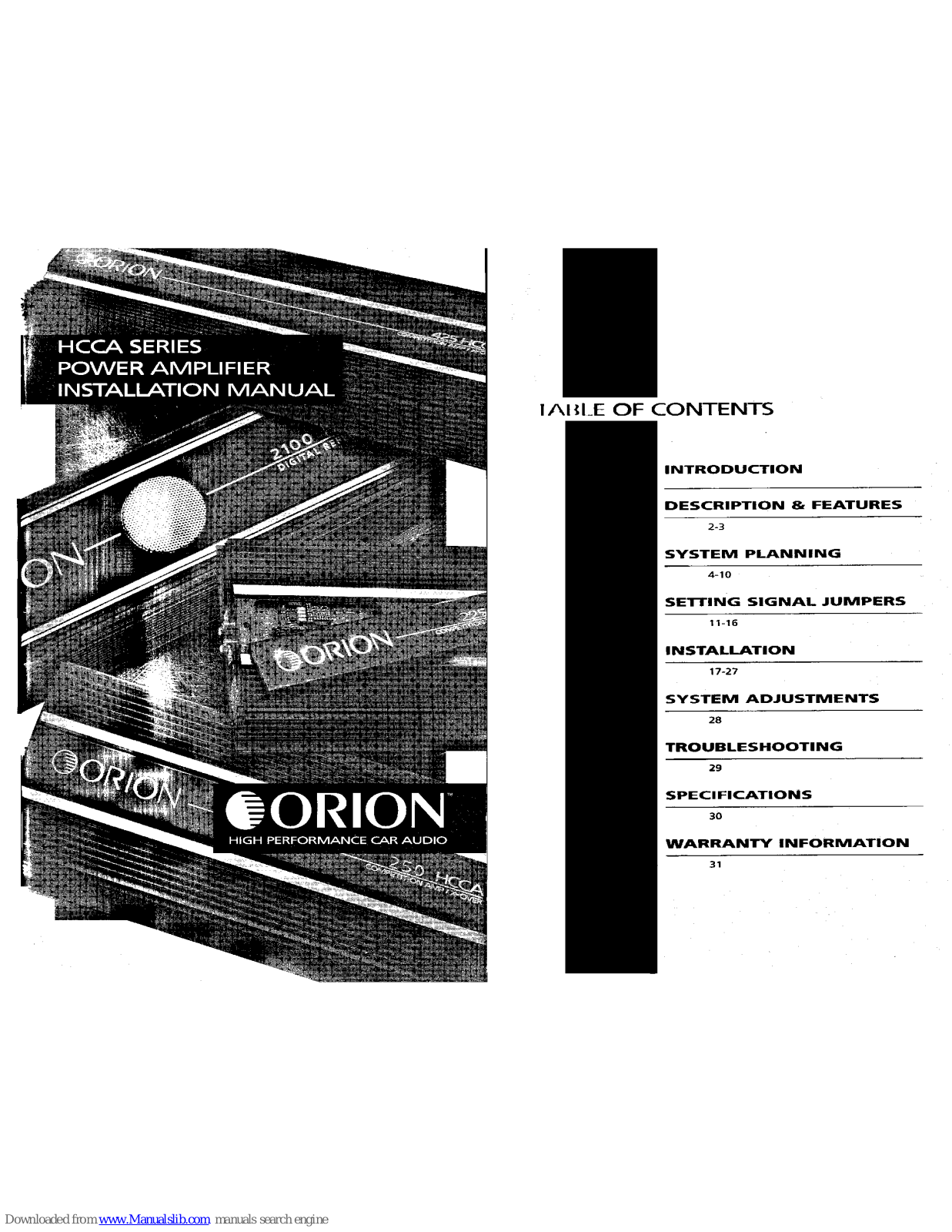 Orion HCCA, 225 HCCA, 250 HCCA Installatioin Manual