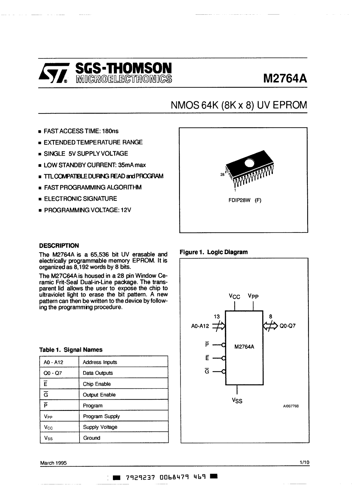 SGS Thomson Microelectronics M2764A-F1, M2764A-4F1, M2764A-3F6, M2764A-3F1, M2764A-2F6 Datasheet