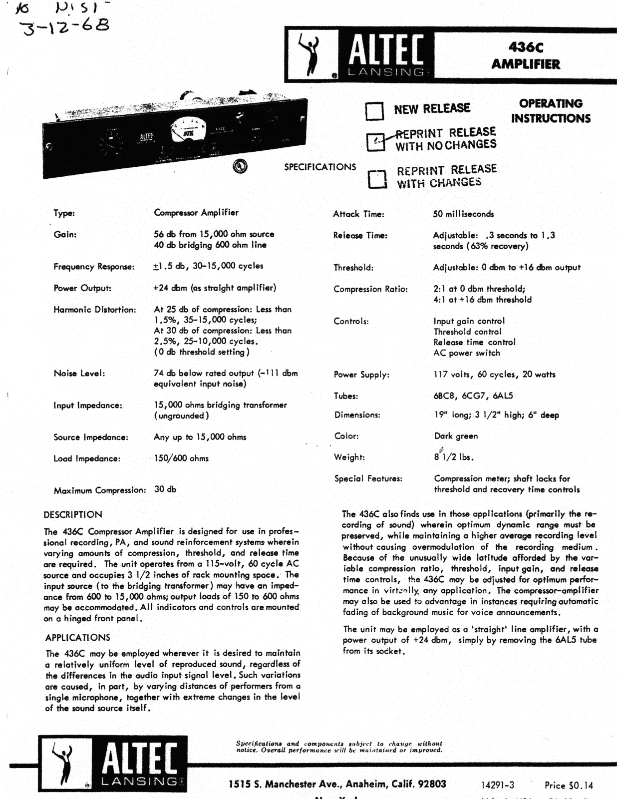 Altec Lansing 436C Schematic