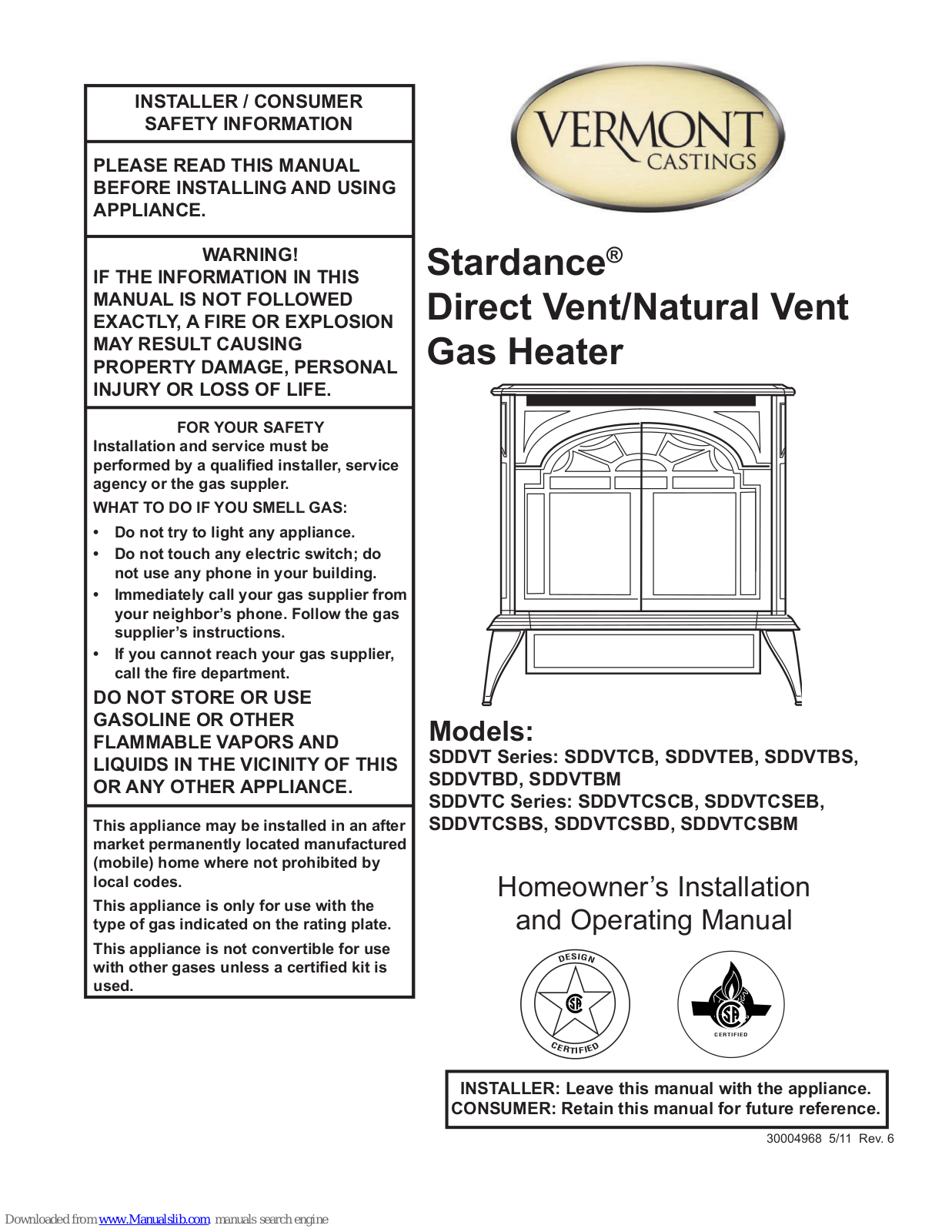 Vermont Castings SDDVTCSCB, SDDVTCB, SDDVTBD, SDDVTBM, SDDVTCSEB Homeowner's Installation And Operating Manual