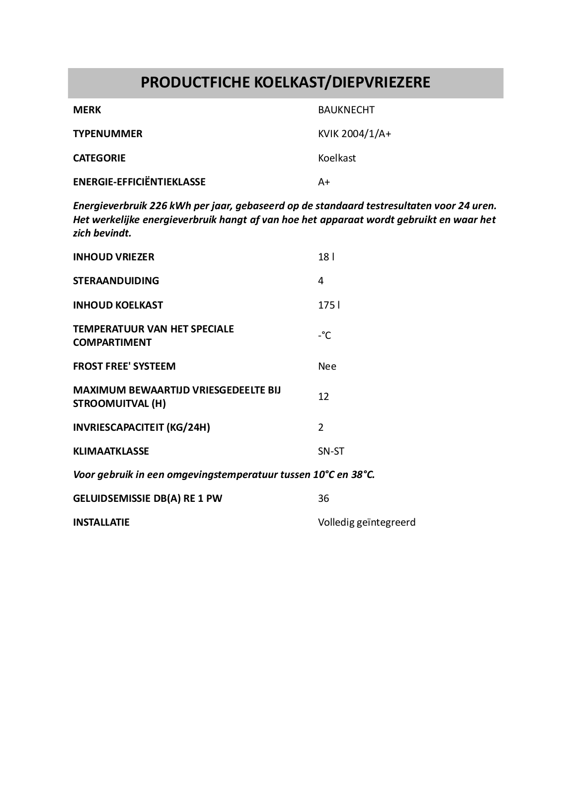 Whirlpool KVIK 2004/1/A PRODUCT SHEET