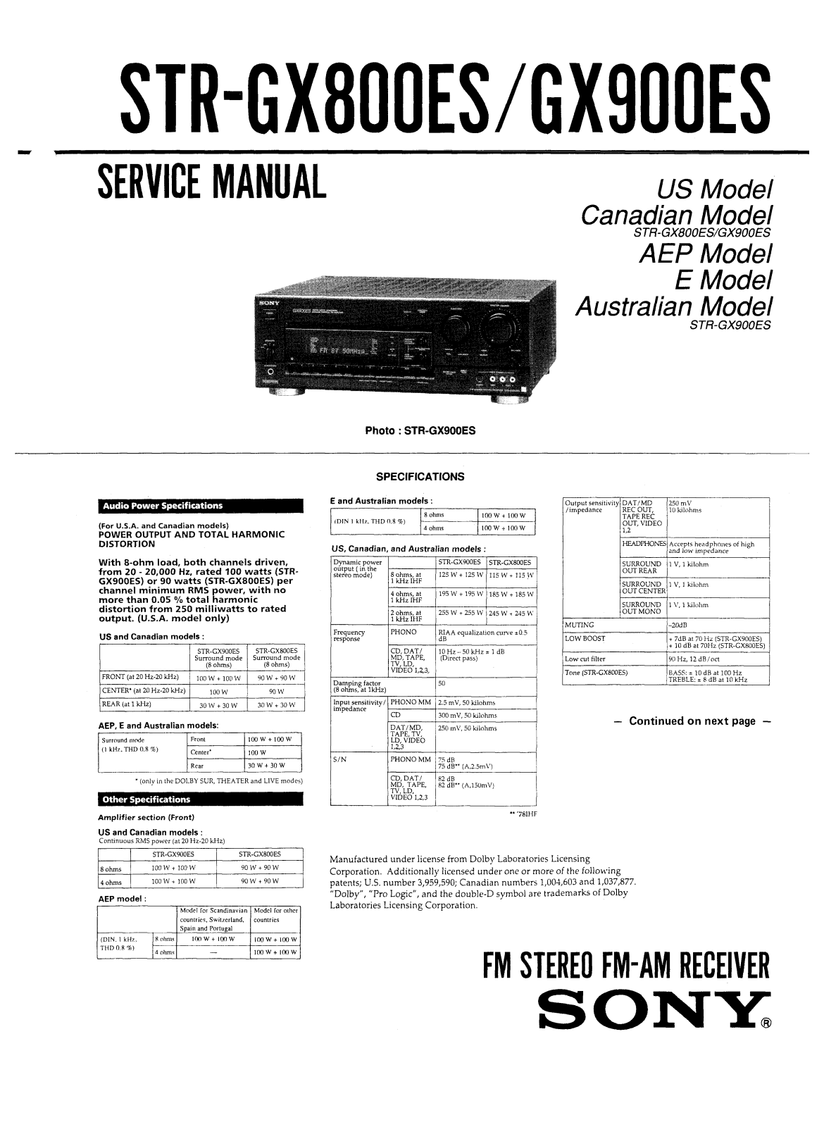 SONY STR-GX800ES, STR-GX900ES SERVICE MANUAL