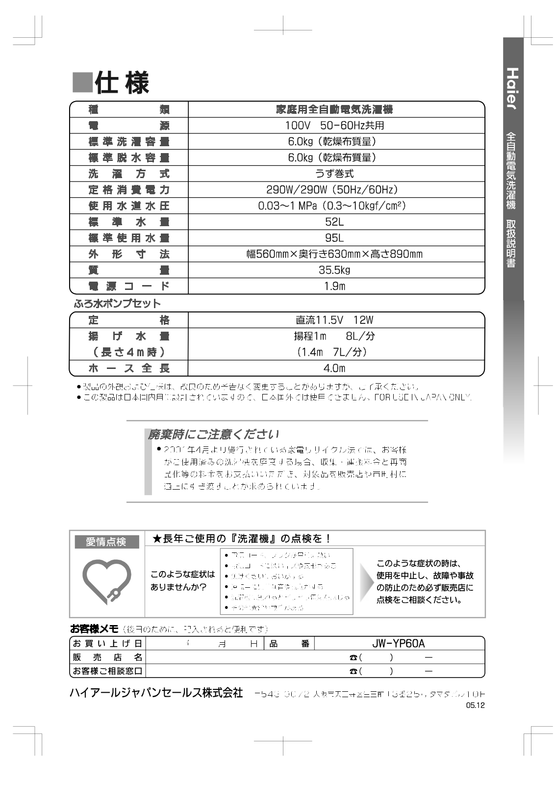 Haier JW-YP60A User Manual