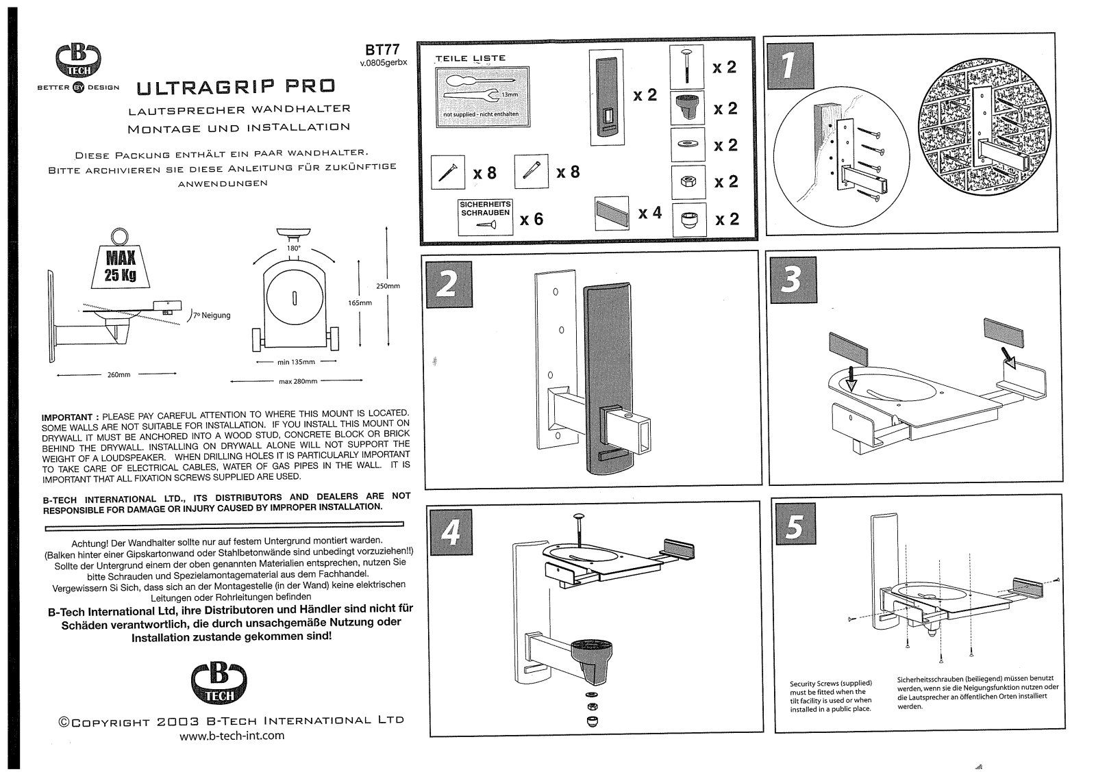 B-Tech BT77 INSTALLATION GUIDE & PARTS LIST