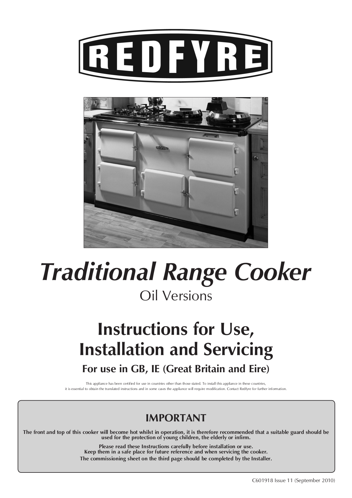 Redfyre Traditional Range Cooker Oil Installation and Use Instruction