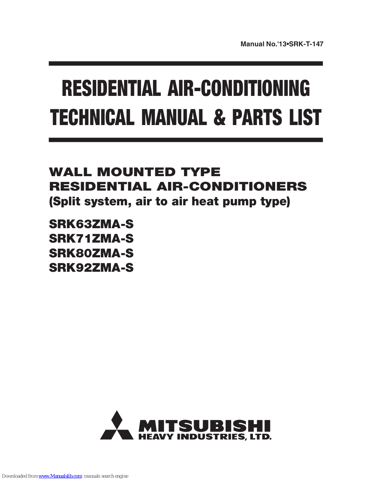 Mitsubishi Heavy Industries SRK63ZMA-S, SRK71ZMA-S, SRK80ZMA-S, SRK92ZMA-S, DXK21ZMA-S Technical Manual