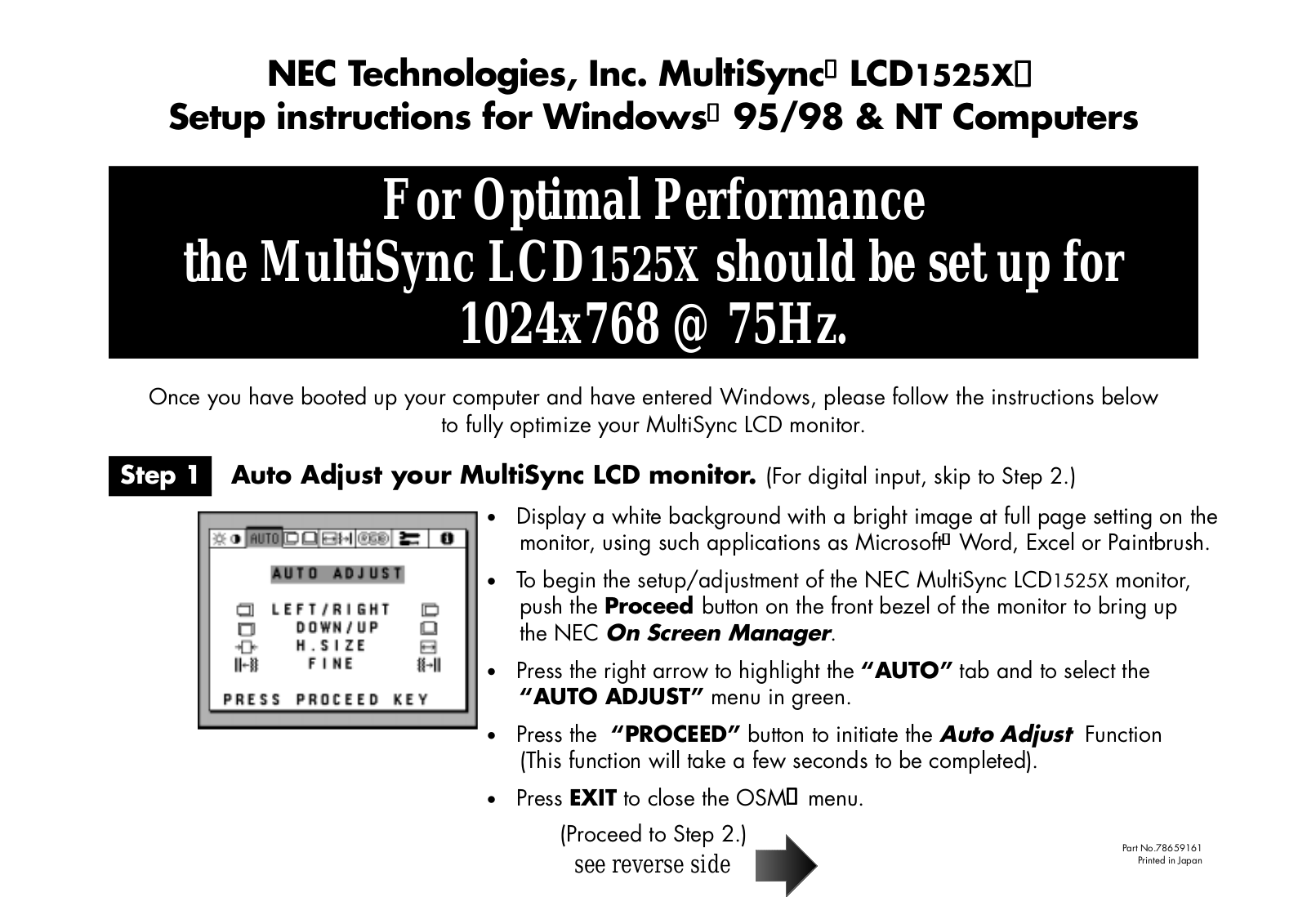 Nec MultiSync LCD1525X Setup instructions