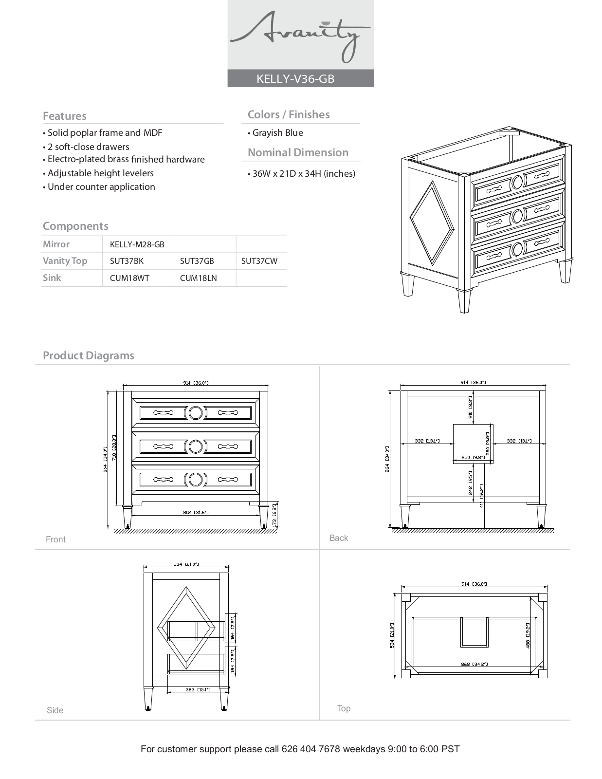 Avanity KELLYVS36GBC Specifications - ManualMachine.com