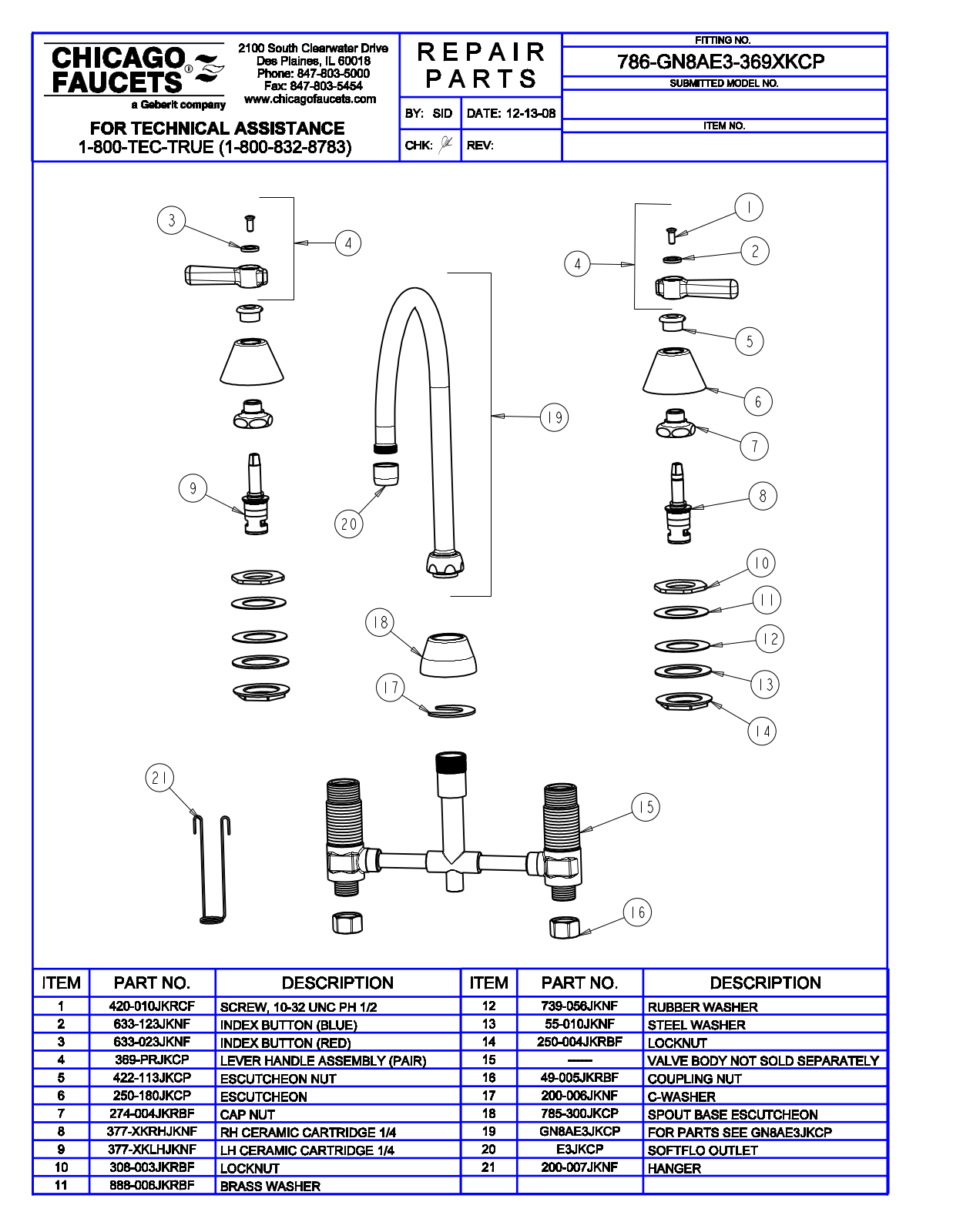 Chicago Faucet 786-GN8AE3-369XK Parts List