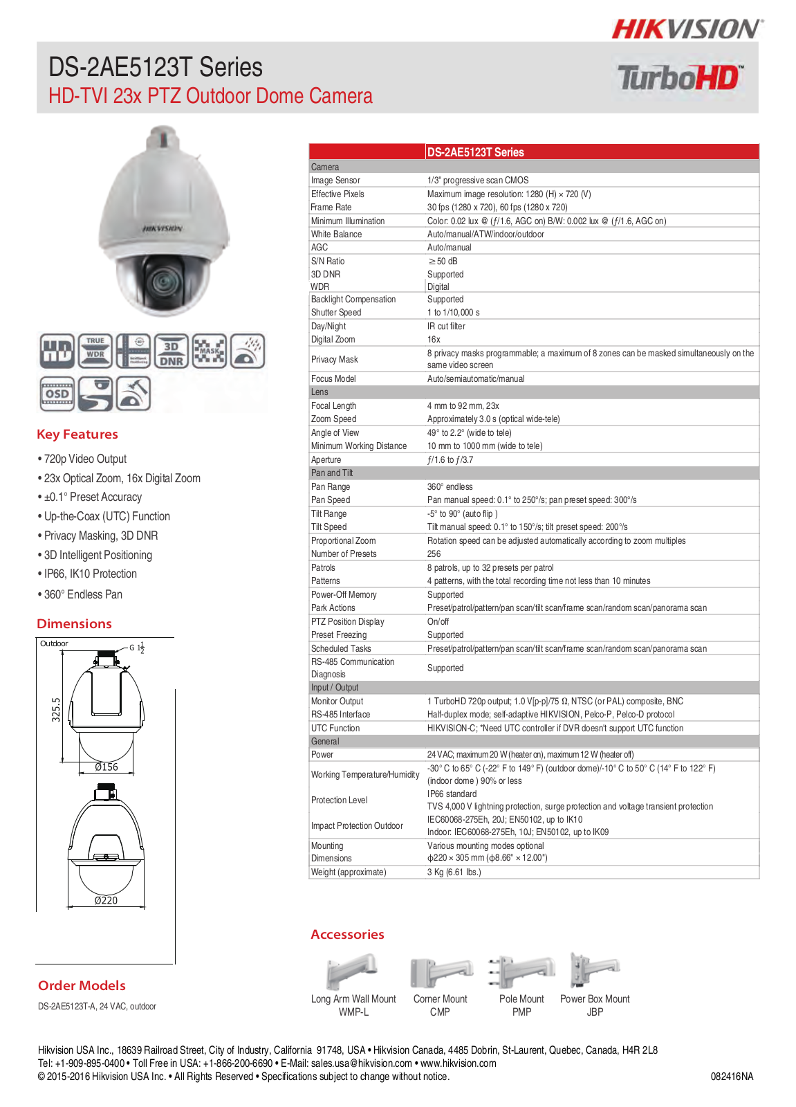 Hikvision DS-2AE5123T-A Specsheet