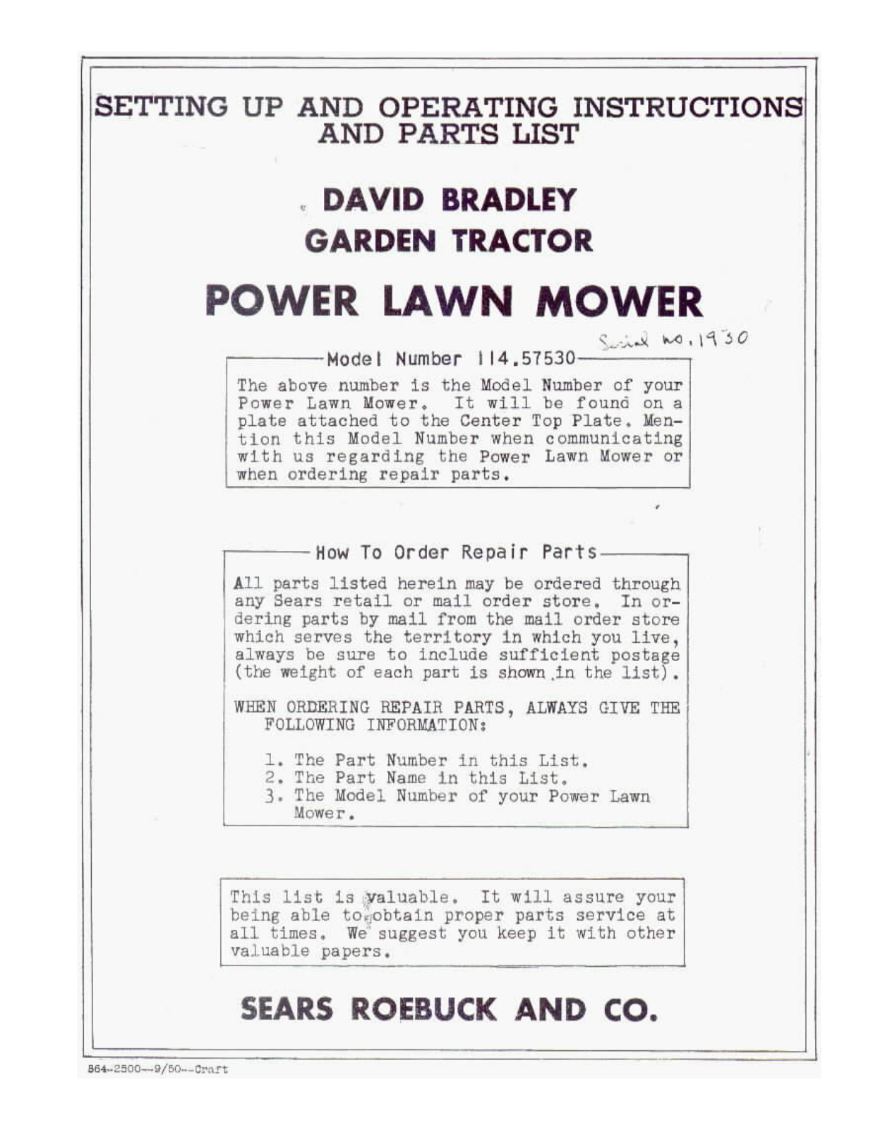 David Bradley 114.57530 Operating Instruction