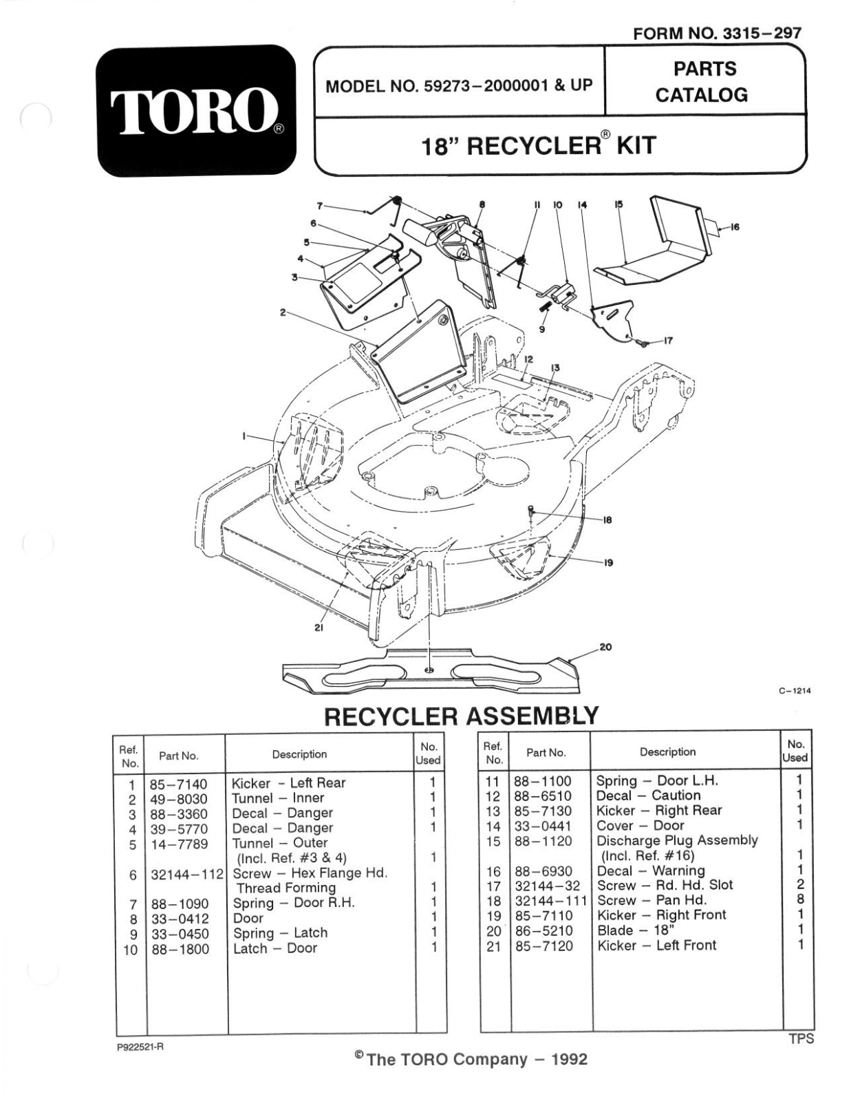 Toro 59273 Parts Catalogue